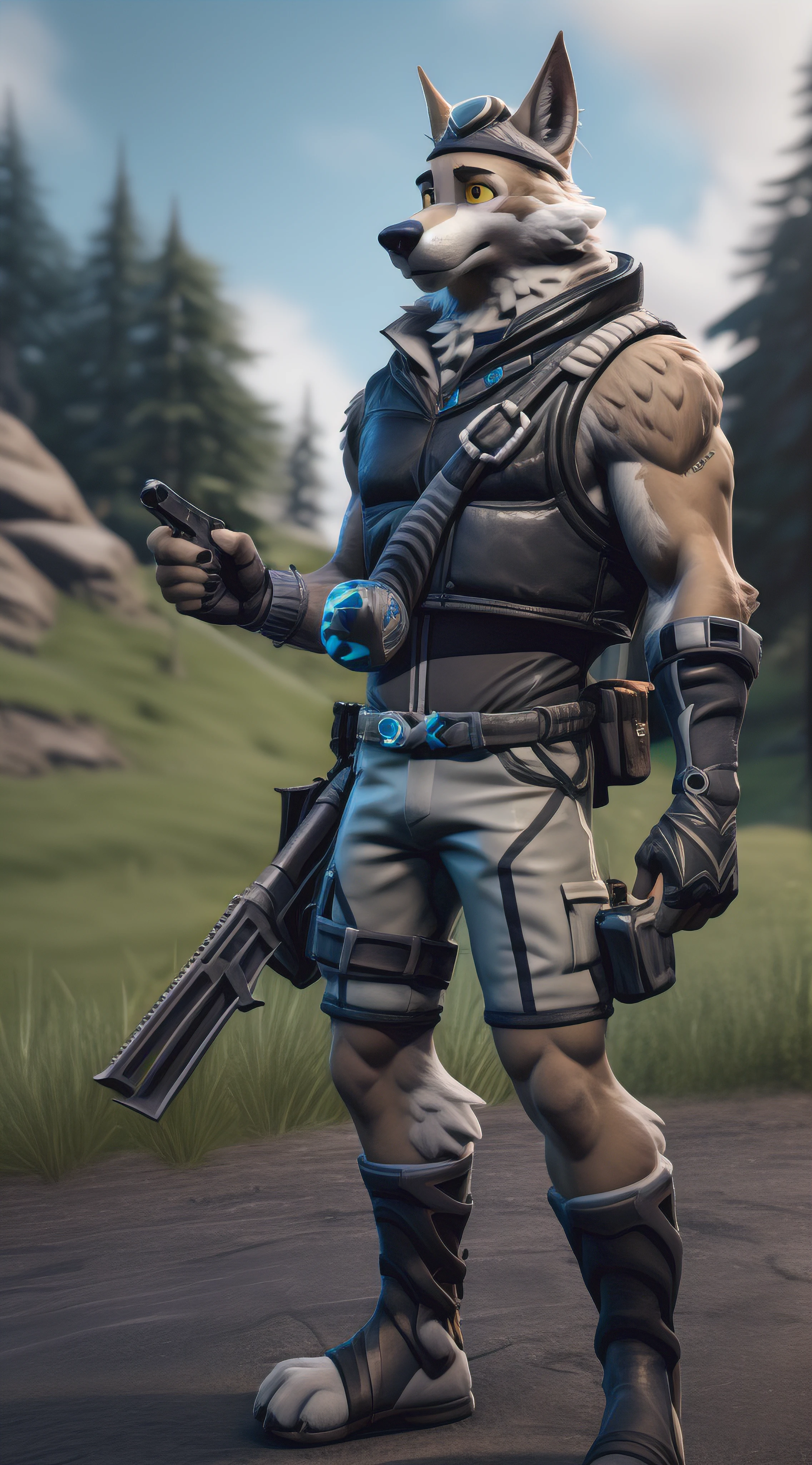 wendell, yellow sclera,  (pose:1.3), (posing:1.3), (soft shading), 4k, hi res, five fingers, detailed hands, ((detailed face, (detailed eyes:1.3), detailed)), (full body), fortnite, fortnite style, by zackarry911, by zaush, (by personalami:0.5) solo, gloves, 1boy, holding, full body, weapon, male focus, outdoors, shorts, sleeveless, fingerless gloves, holding weapon, blurry, gun, v, blurry background, goggles, holding gun, rifle, assault rifle