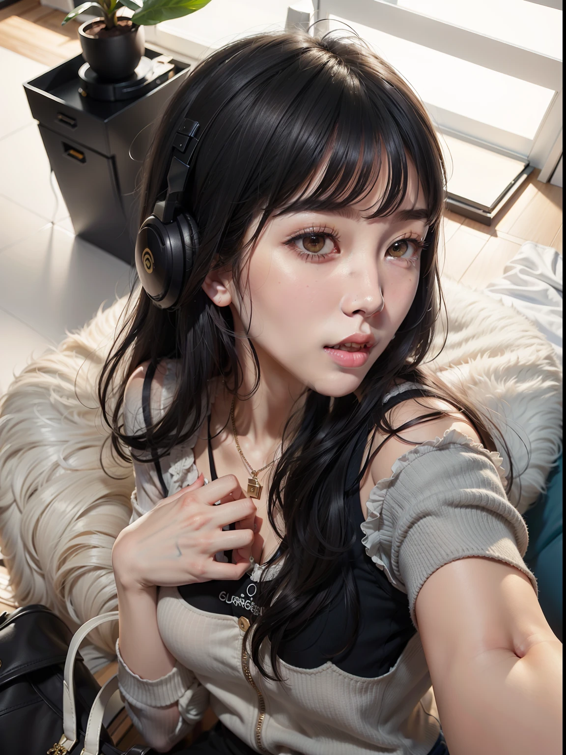Arafed asian woman with headphones and a handbag, Ella tiene el pelo negro con flequillo, Hermosa mujer surcoreana, ulzzang, Chica coreana, Deayami Kojima, Hermosa joven coreana, Chica de anime en la vida real, Sui Ishida con cabello negro, Sakimichan, Jaeyeon Nam, con flequillo, Hermosa joven coreana, Lalisa Manobal