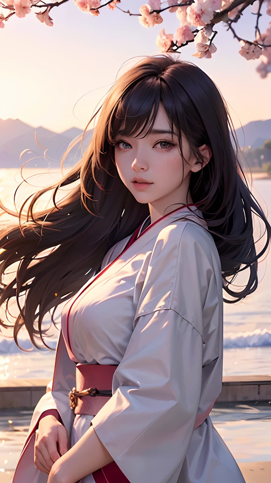 (A logo、masterpiece、8K、masutepiece、Raw photo、Fantastic、Best Quality、Photorealistic、extremely detailed CG unified 8k wallpaper、hightquality、ighly detailed、epic poem、Particle effect、Dynamic effects、depth of fields、Cinematic Light、Lens Flare、Ray tracing)、Fantasia、 (1 beautiful woman in a white coat、robe blanche、Japanese dress、A dark-haired、Beautiful face、Real Face、Beautiful detail eyes、Beautiful skin)、Hair flutters in the wind、Hair jumps、Pink cherry blossom tree、Petals flutter、Sakura blizzard、Superb view、morning glow、Sun in the background、the wind、Deities、tusk、myth、Vast Land、