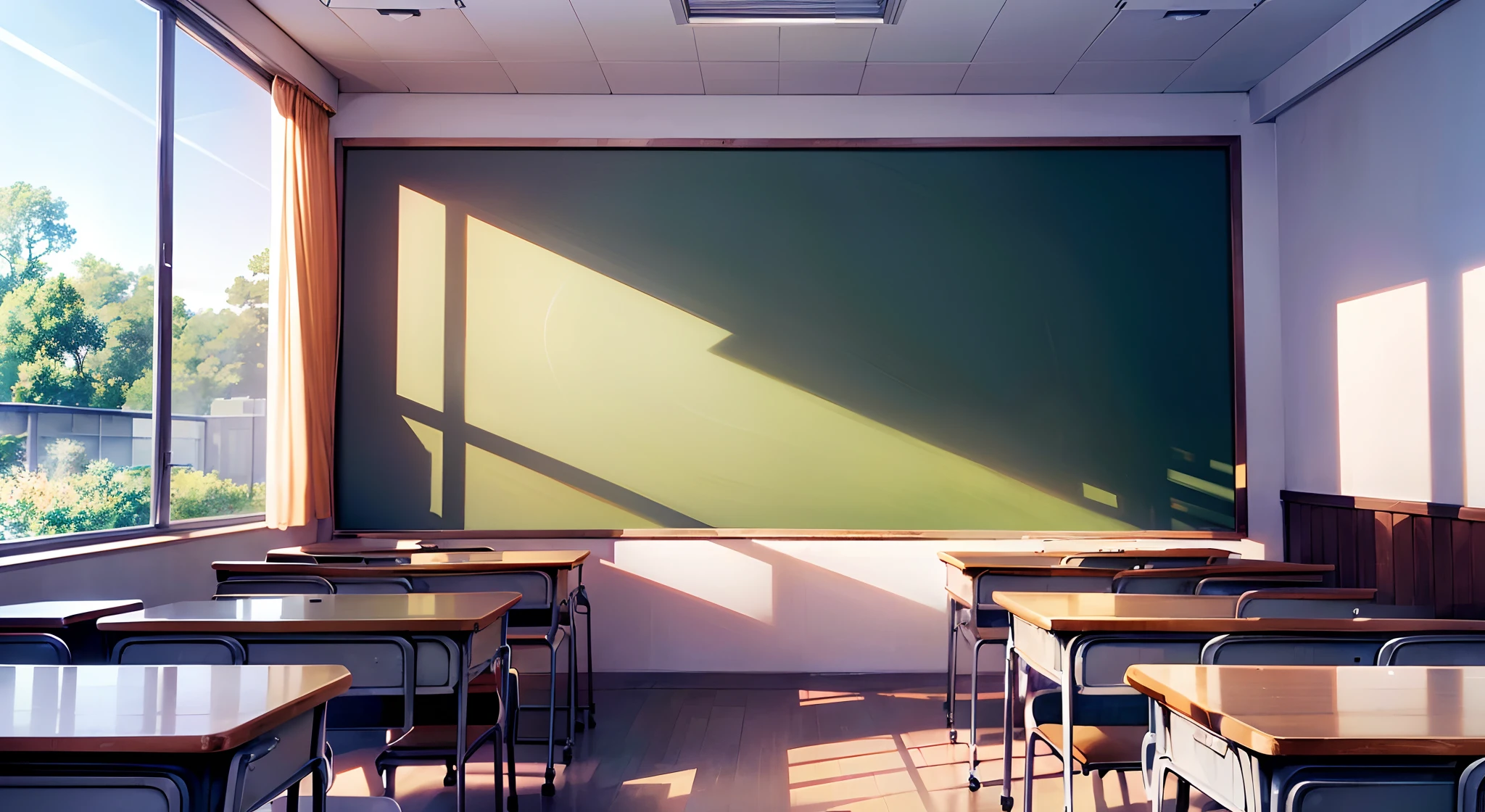 (Masterpiece), ((Best quality, 8k resolution, high resolution)), large masterpiece detailed art, manga illustration, illustration:1.3, best shadow, extremely detailed CG unity 8k wallpaper, (extremely delicate and beautiful:1.2), Create a heartwarming artwork that portrays classroom, Capture the vibrant colors of educational posters, ((empty classroom)), back of students heads as they sit in their seats