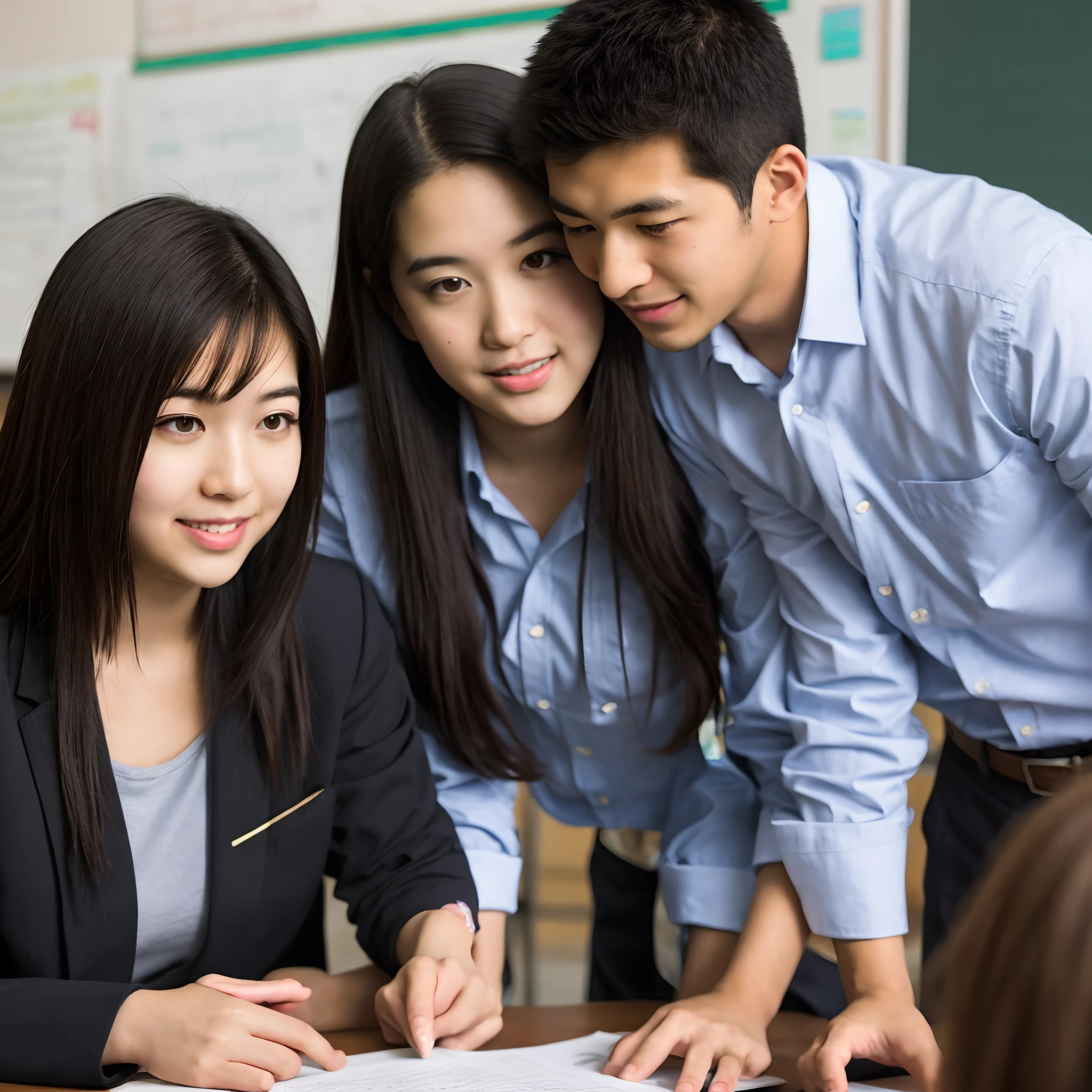 Asian male College teacher mentoring Hispanic student