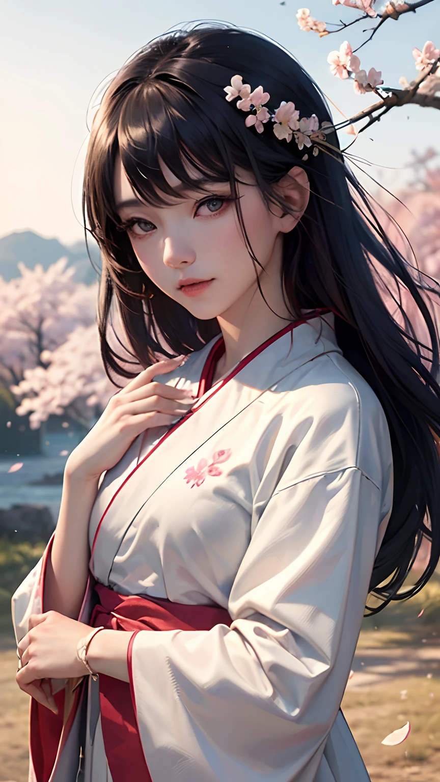 (A logo、​masterpiece、8K、masutepiece、Raw photo、Fantastic、Best Quality、Photorealistic、extremely detailed CG unified 8k wallpaper、hightquality、ighly detailed、epic poem、Particle effect、Dynamic effects、depth of fields、Cinematic Light、Lens Flare、Ray tracing)、Fantasia、 (1 beautiful woman in a white coat、robe blanche、Japanese dress、A dark-haired、Beautiful face、Real Face、Beautiful detail eyes、Beautiful skin)、Hair flutters in the wind、Hair jumps、Pink cherry blossom tree、Petals flutter、Sakura blizzard、Superb view、morning glow、Sun in the background、the wind、Deities、tusk、myth、Vast Land、