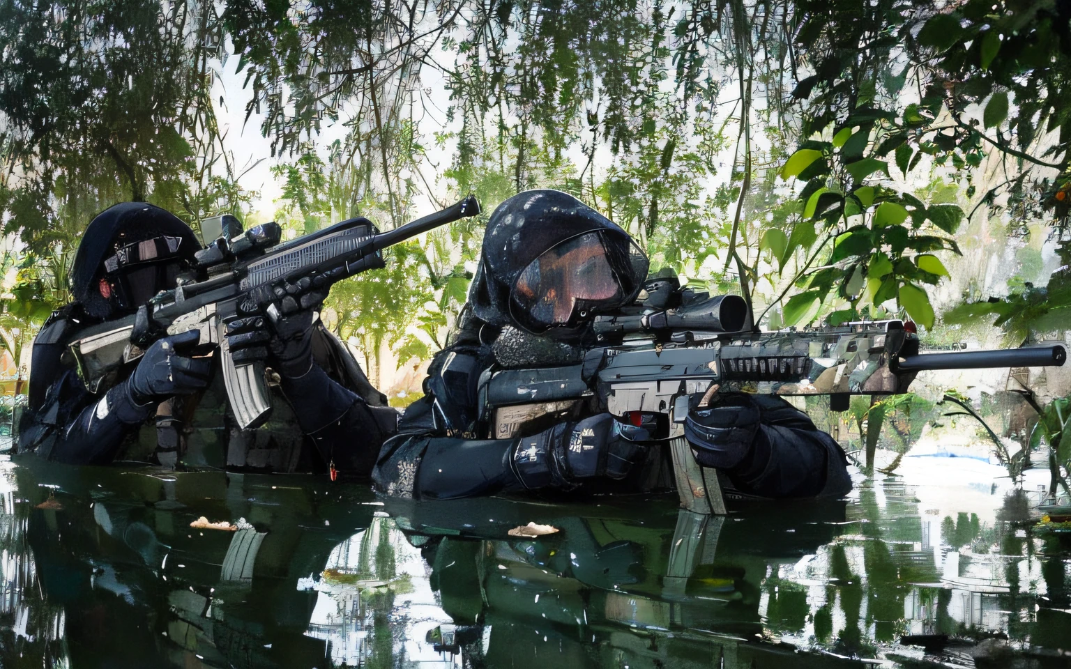 there are two people in full body armor with guns in the water, french special ops, of a sniper girl in war, military photography, airsoft close quarter combat, underwater combat scene, airsoft cqb, resting after a hard mission, combat photography, scifi gadgets in a pond, softair center landscape, camouflaged gear, afp, sniper, realistic soldiers