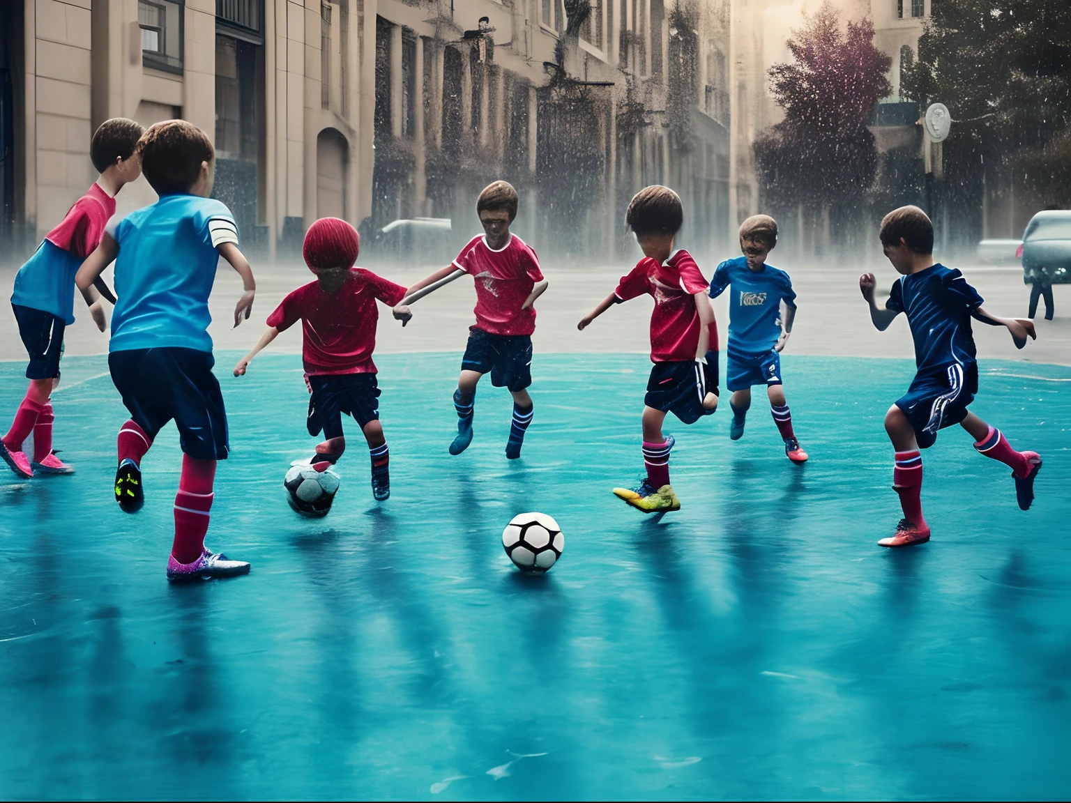 A group of kids enthusiastically playing soccer on the streets of a big city, under the rain, glitch mirror effect in the floor water, Dye transfer print image 1950 artwork style, Ernst Hass and Marie Cosindas inspiration
