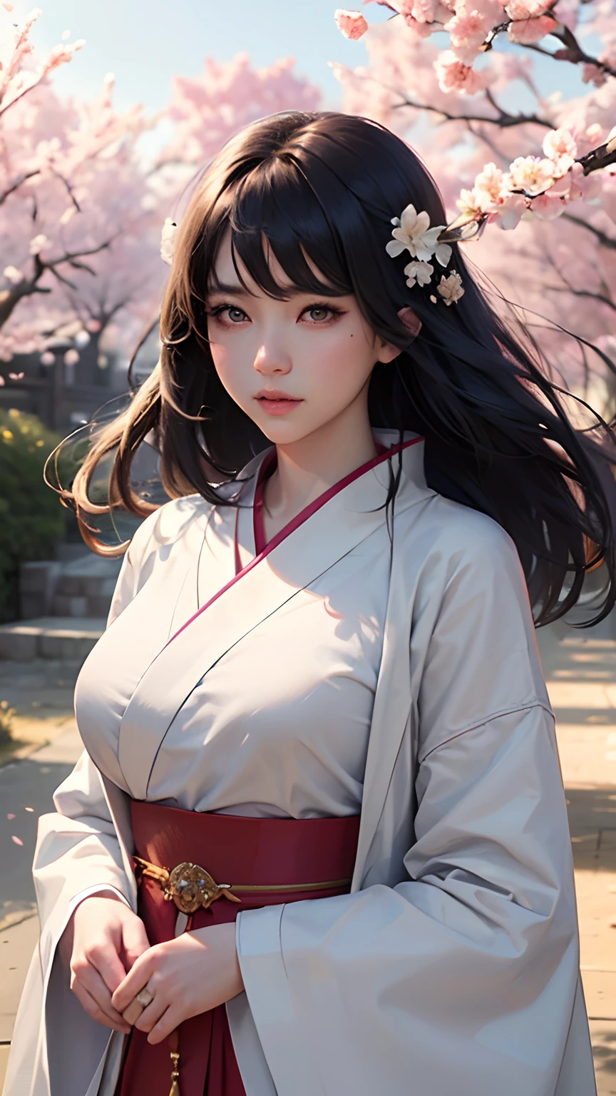 (A logo、masterpiece、8K、masutepiece、Raw photo、Fantastic、Best Quality、Photorealistic、extremely detailed CG unified 8k wallpaper、hightquality、ighly detailed、epic poem、Particle effect、Dynamic effects、depth of fields、Cinematic Light、Lens Flare、Ray tracing)、Fantasia、 (1 beautiful woman in a white coat、robe blanche、Japanese dress、A dark-haired、Beautiful face、Real Face、Beautiful detail eyes、Beautiful skin)、Hair flutters in the wind、Hair jumps、Pink cherry blossom tree、Petals flutter、Sakura blizzard、Superb view、morning glow、Sun in the background、the wind、Deities、tusk、myth、Vast Land、