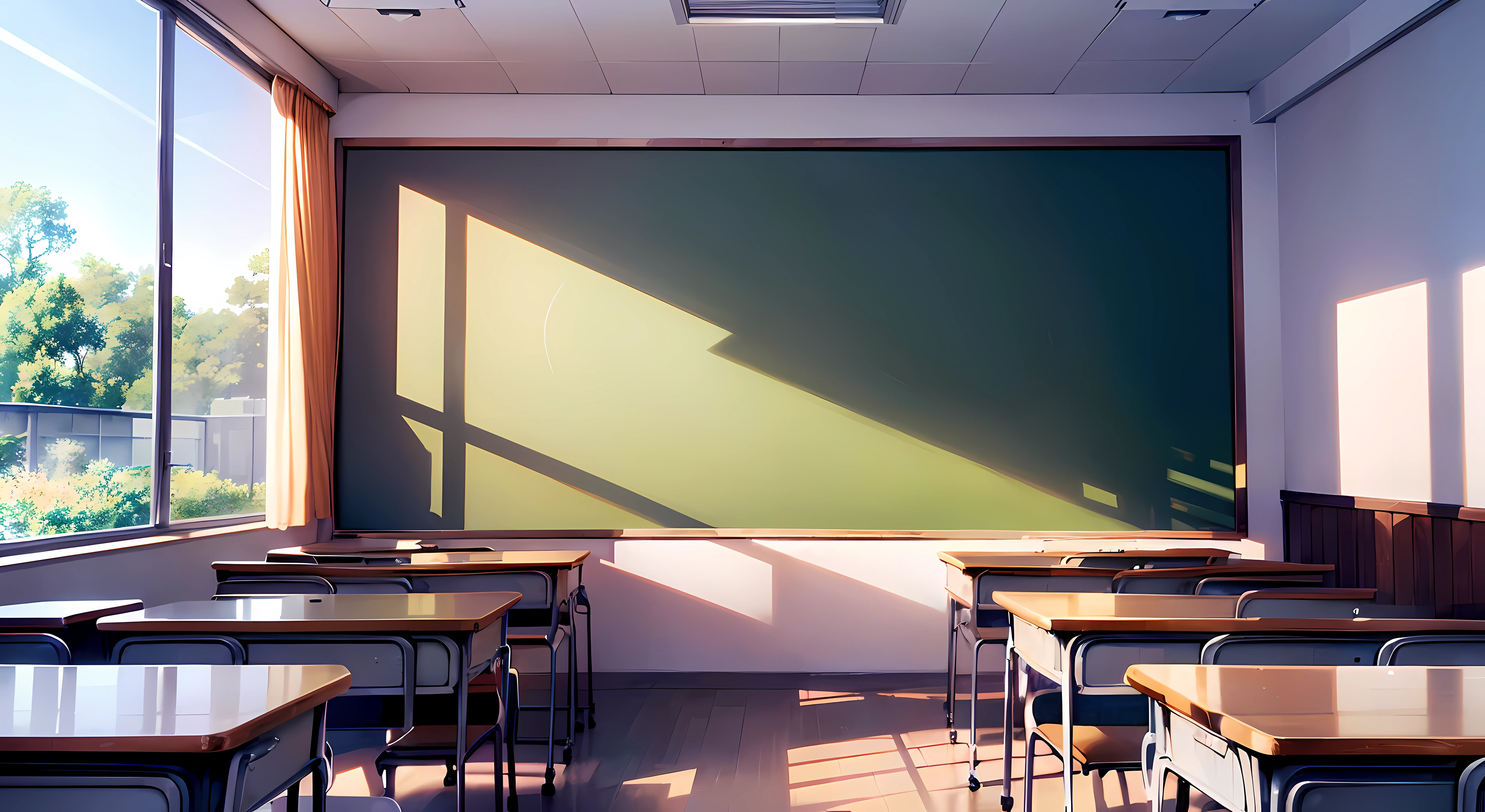 (Masterpiece), ((Best quality, 8k resolution, high resolution)), large masterpiece detailed art, manga illustration, illustration:1.3, best shadow, extremely detailed CG unity 8k wallpaper, (extremely delicate and beautiful:1.2), Create a heartwarming artwork that portrays  classroom, Capture the vibrant colors of educational posters, ((empty classroom)), back of students heads as they sit in their seats