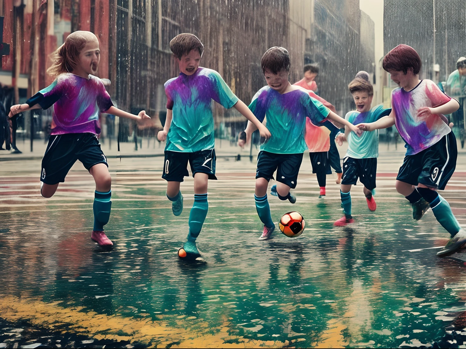A group of kids enthusiastically playing soccer on the streets of a big city, under the rain, glitch mirror effect in the floor water, Dye transfer print image 1950 artwork style, Ernst Hass and Marie Cosindas inspiration