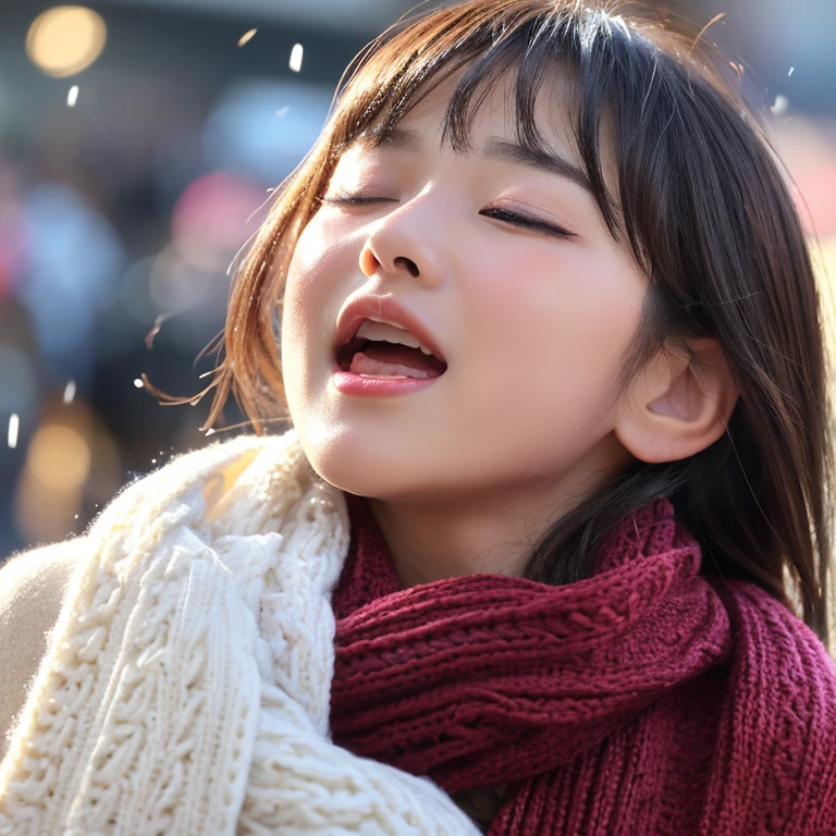 ((no-makeup、Close your eyes、closes mouth:1.2))、(realisitic、Photorealsitic、ultra-detailliert、Highest Details Skins、top-quality、​masterpiece、超A high resolution)、Cute Japan Woman、14years、hi-school girl、younggirl、1 girl in、I have bangs、二重まぶた、drooing eyes、Japanese style face、purity、double tooth、Realistic skin type、Thick muffler、Grey muffler、fluffy hair、((Hair is inside the scarf:1.3))、Red cheeks、The wind is blowing、It's snowing、illuminations、Lighting from behind、A face that burned his body and was dyed an abnormally crimson、Three fingers of the molester are inserted into the smeared with a powerful aphrodisiac, and the pleasure of being moved unnecessarily close both eyes with a face dyed abnormally crimson up to the ears.『feels good〜　more　more　Ikiso　orgasm　orgasm　I'll go〜』- The moment when she screams and reaches a fierce climax