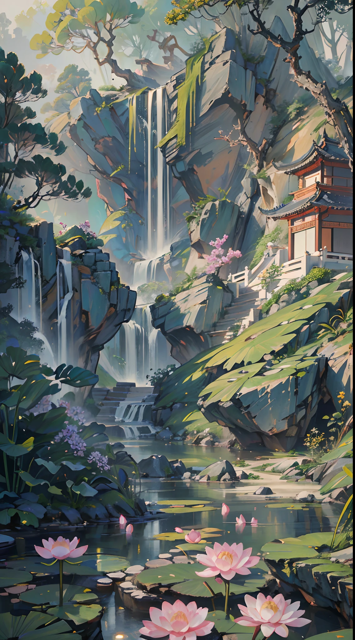 ((Best quality, masterpiece: 1.2)), CG, 8K, intricate details, cinematic perspective, (no one around), (Ancient Chinese garden), pond filled with lotus flowers, rocks, flowers, bamboo forests, waterfalls, wooded areas, small bridges spanning babbling streams, detailed foliage and flowers, (sunlight shining, sparkling waves), peaceful and serene atmosphere, ((soft and elegant colors)), ((exquisitely crafted composition))