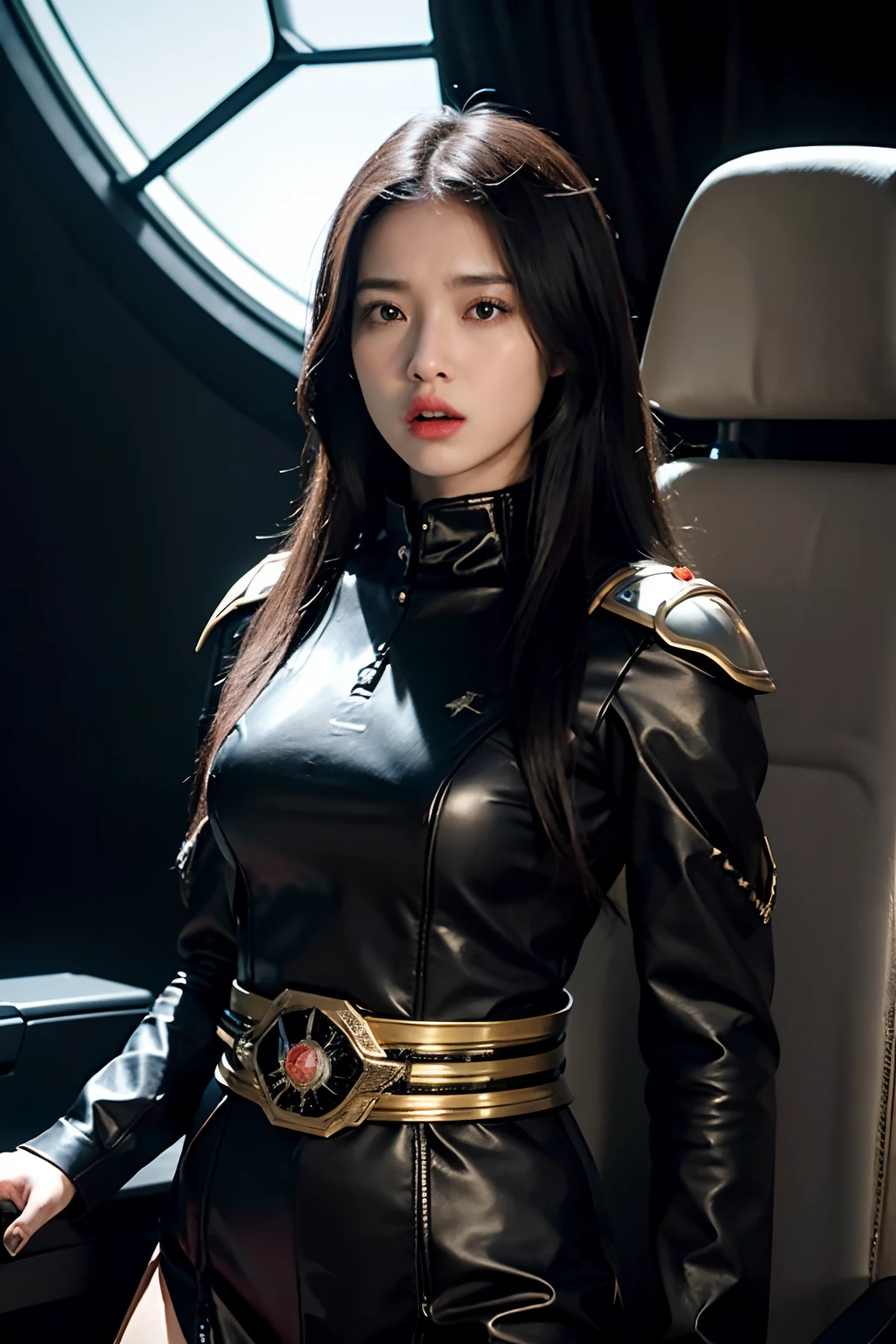 A beautiful woman takes command with her mouth wide open in anger. Mid twenties.A beautiful woman stands in front of the command seat of a spaceship and takes command. Black hair. He wears a black metallic battle uniform, and on his waist there is something reminiscent of Kamen Rider's transformation belt.