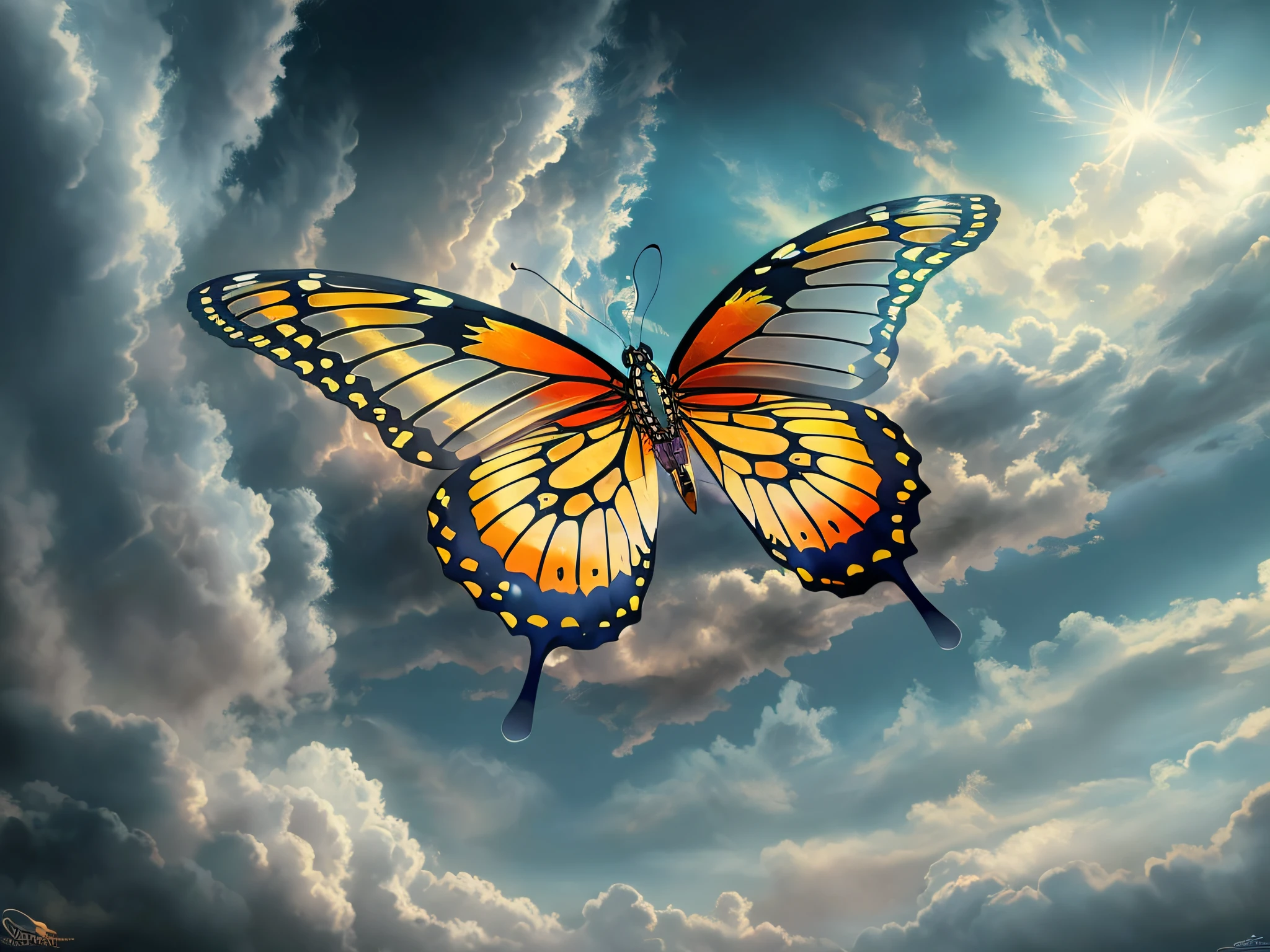 a picture of an epic butterfly flying in the sky (best details, Masterpiece, best quality :1.5), butterfly_wings, cloudy skies background, an epic butterfly (best details, Masterpiece, best quality :1.5) extremely detailed butterfly, butterfly_wings, wings on fire, wide spread, ultra detailed face,  birds view, sun rays, red divine rays, sun rays reflected in clouds (best details, Masterpiece, best quality :1.5), sense of dread, sense of awe majestic atmosphere, ultra best realistic, best details, best quality, 16k, [ultra detailed], masterpiece, best quality, (extremely detailed), ultra wide shot, photorealism, depth of field, hyper realistic painting,