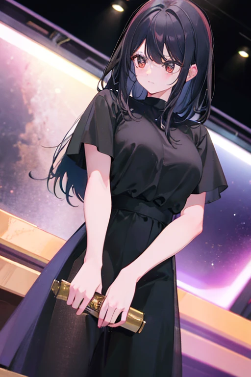 A black haired woman with brown eyes is holding a trophy