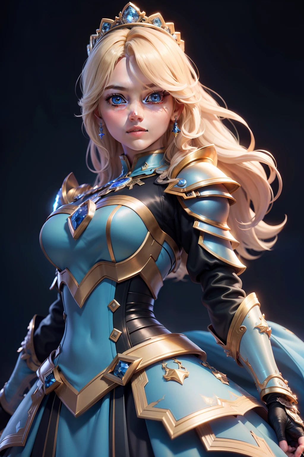 3dmm style,(masterpiece, top quality, best quality, official art, beautiful and aesthetic:1.2), (fractal art:1.3), 1girl, beautiful, high detailed, princess Rosalina, blonde hair obscuring one eye, blue eyes, dark lighting, flirty face, looking the sky, sky, medium shot, black sky blue ironman armor, jewelry