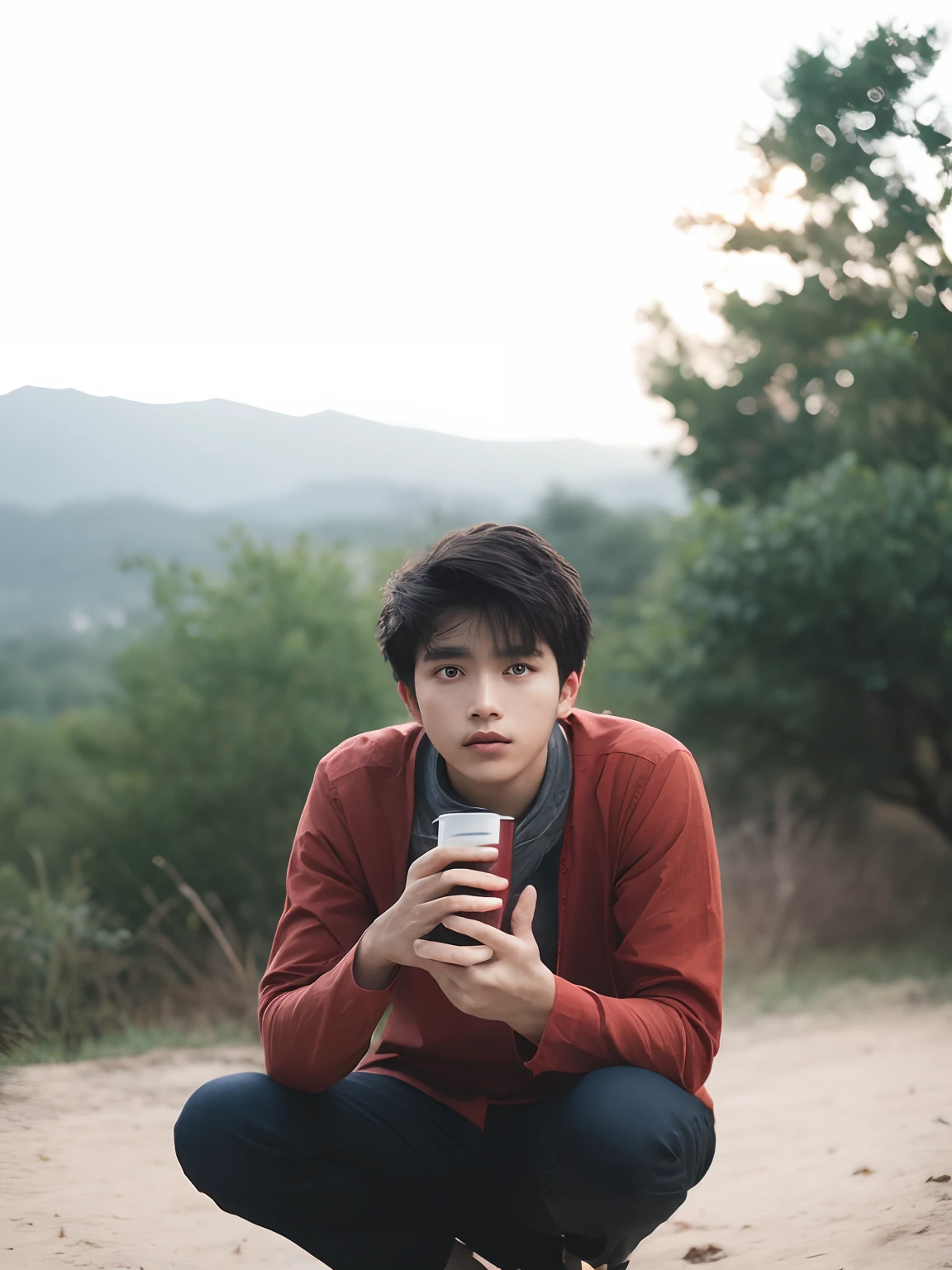 OriginalPhotographs, Portrait photo of 22 years old.Oh,Men, traveler clothes, stood in a forest, Natural skin, 8K UHD, High quality, filmgrain, Fujifilm XT3