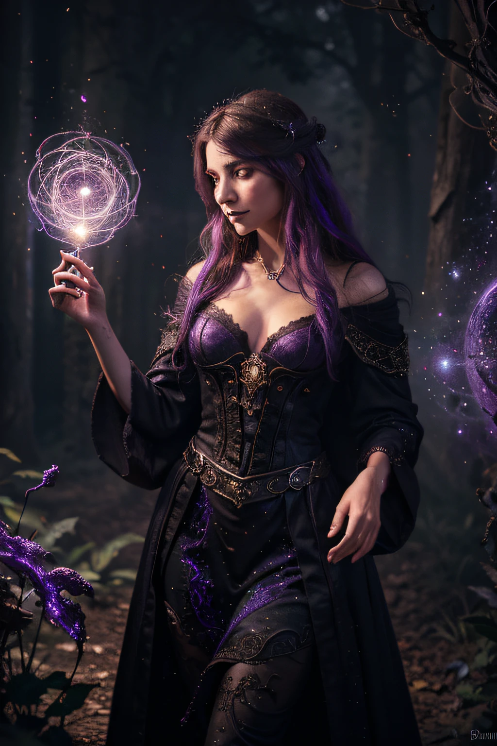 A spellbindingly enchanting and arcane warlock, every aspect brims with complexity amidst its ethereal portrayal: an intricate web of swirling magical symbols and shimmering cosmic energies, emanating from an otherworldly staff held by the warlock's slender, elegant hand. This digital painting mesmerizes with its vibrant blend of vivid hues and smoky shadows, expertly capturing the intensity of the warlock's captivating presence. Meticulously detailed and of utmost quality, the image transports viewers into a realm of mystical intrigue and infinite possibilities.