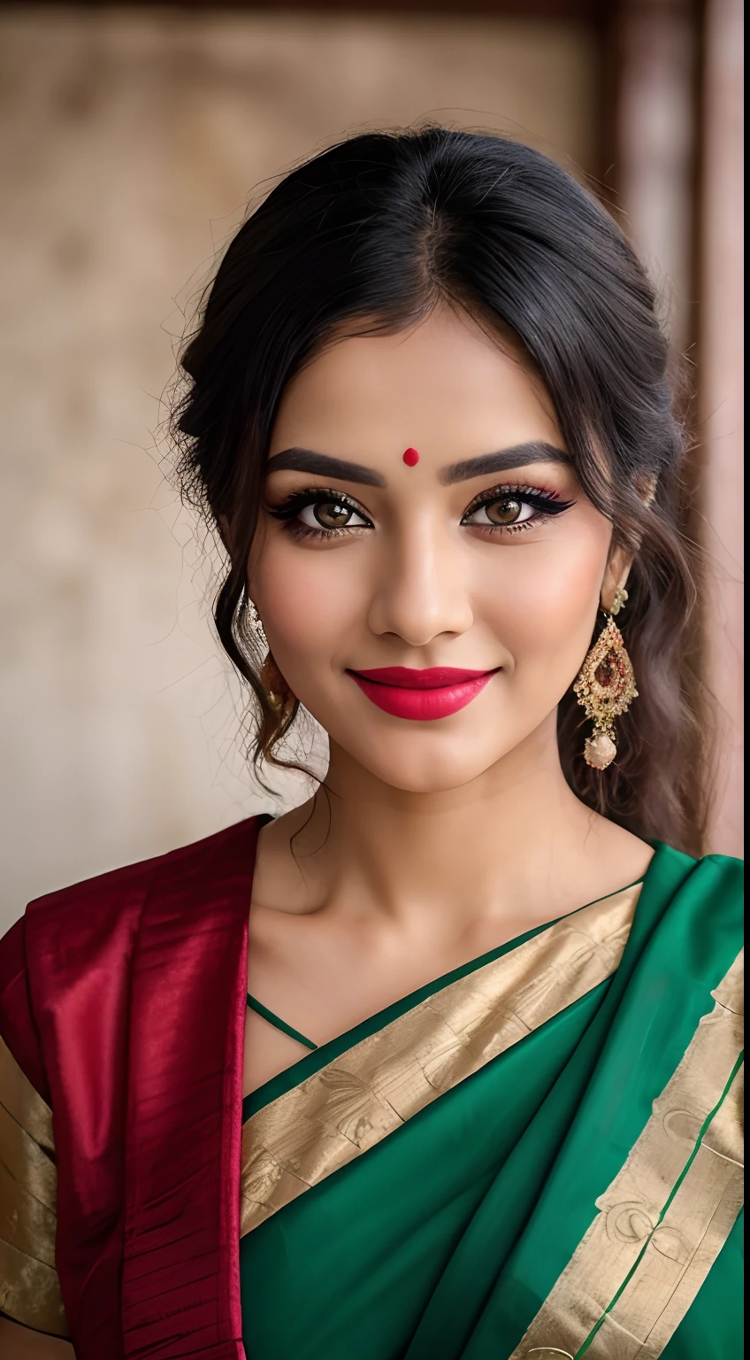 a close up of a woman in a red and green outfit, traditional beauty, traditional makeup, dramatic smile pose intricate, with professional makeup, face, candid picture, indian, traditional, with a beautifull smile, photo taken with nikon d 7 5 0, photo taken with nikon d750, candid photograph, joyful look,