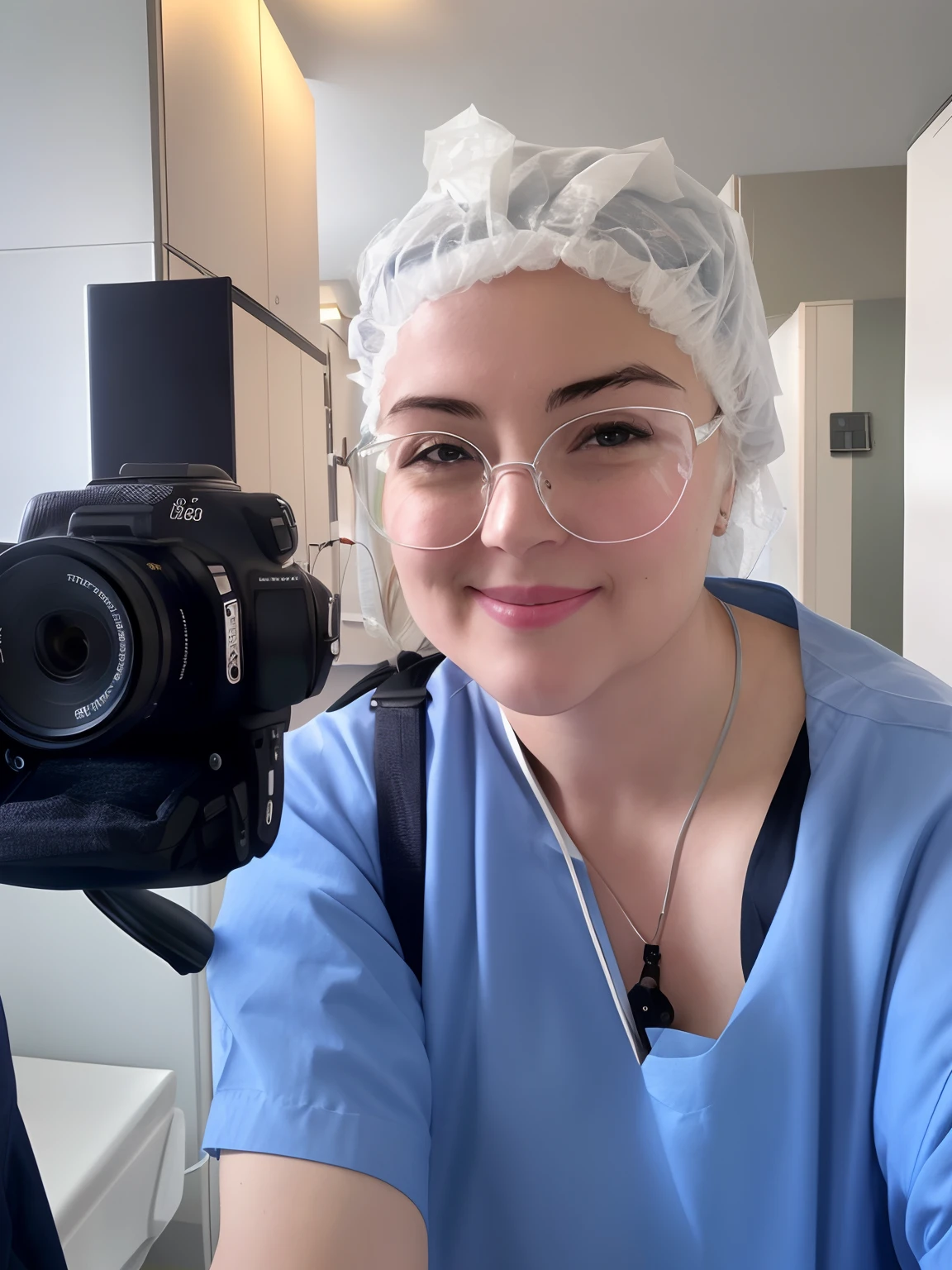 Woman in a hospital taking a selfie with a camera, Photographic canon on her side Looking at the camera, holding it out to the camera, looking-into-camera, happily smiling at the camera, enquanto sorri para uma fotografia, looking-into-camera, Looking directly at the camera, no hospital em vestido de paciente, looking-into-camera