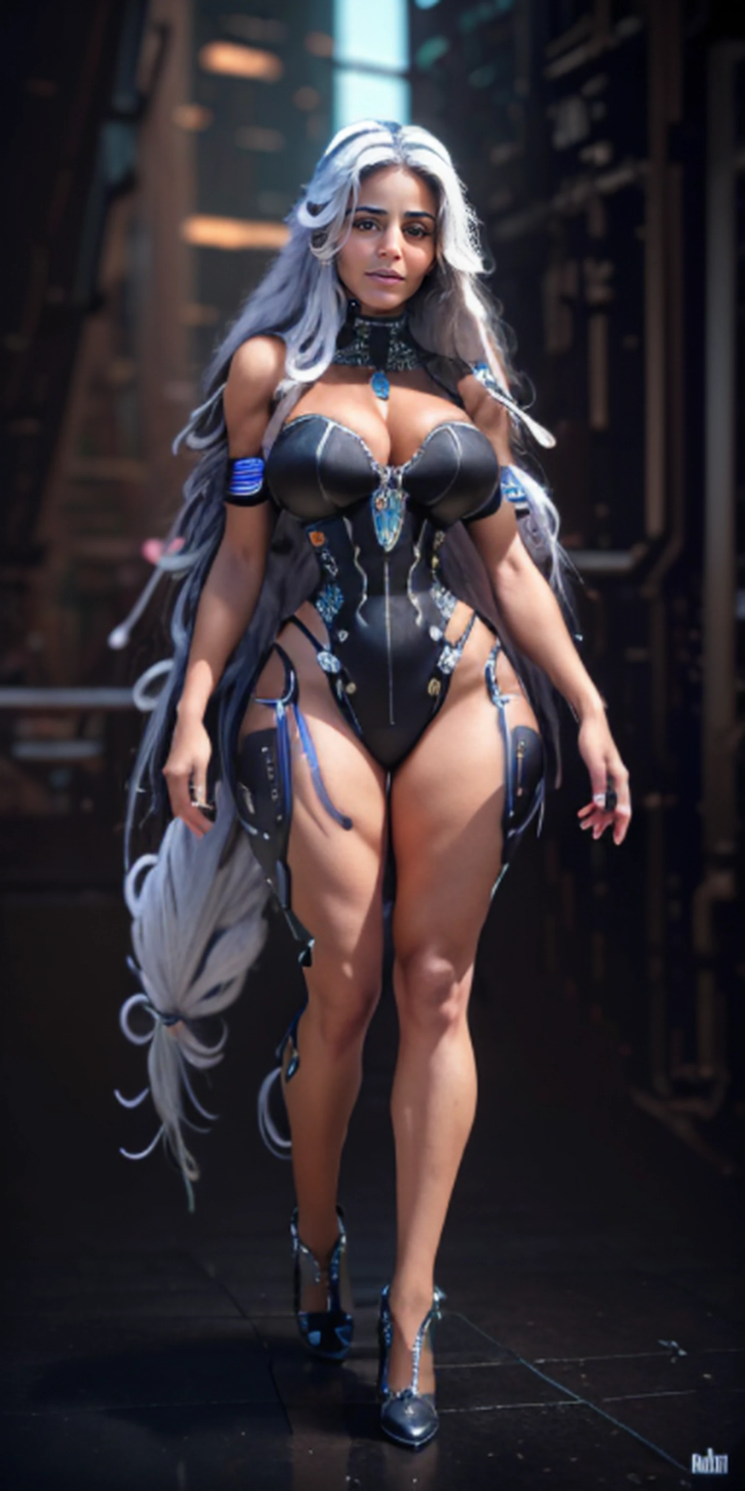 ((Best quality)), ((masterpiece)), (detailed: 1.4), 3D, cyberpunk, a beautiful black-skinned fairy with long white hair, Michele a beautiful brazilian woman