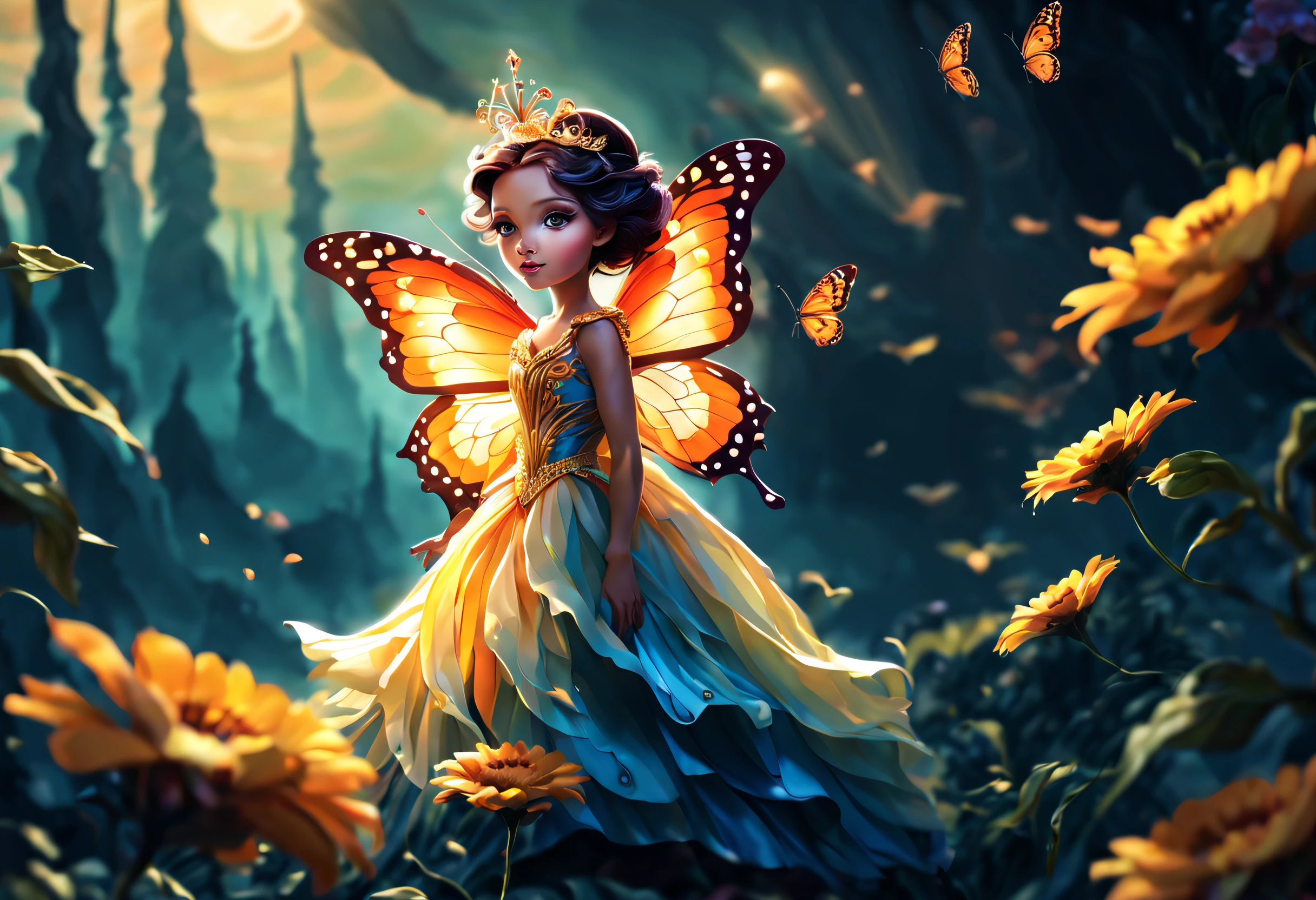 (best quality, 4k, 8k, high resolution, masterpiece: 1.2), (beautiful butterfly queen:1.32) and ultra detailed, long wings, vibrant and colorful, butterflies, majestic patterns, royal, regal, elegant and detailed, delicate, ethereal, iridescent. , shimmering, graceful, enchanting, fluttering, floating, luminous, mythical, fantasy, magical, enchantment, surreal, lush, blooming, vibrant garden, sun kissed, sunlit, soft, dreamy, golden rays of light, flowers bright, radiant and brilliant, harmonious, peaceful, calm, serene, fascinating, captivating.