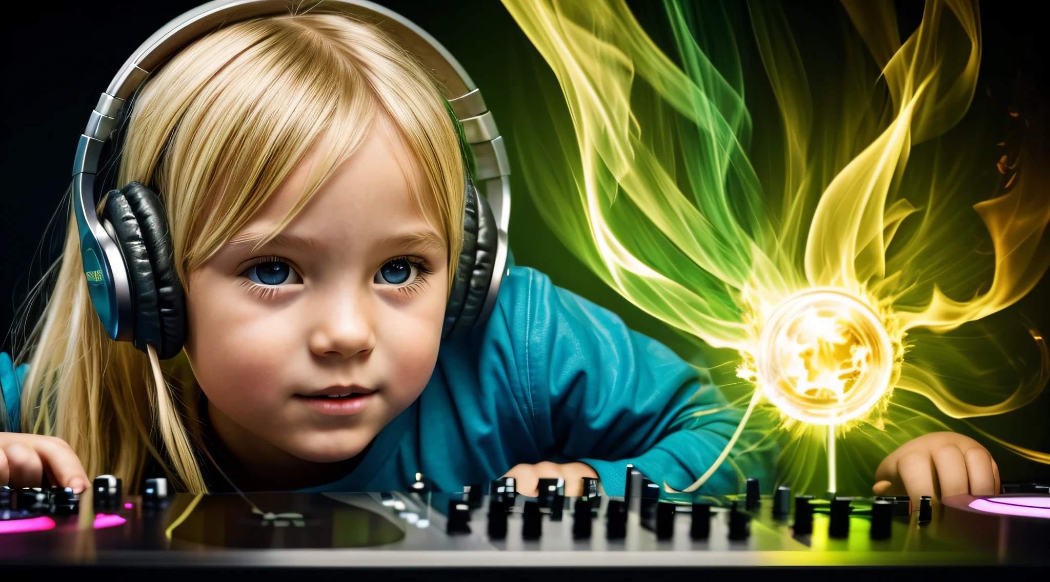 Image of a CHILD BLONDE girl with headphones playing music, Atom and Evil, DJ, fire and GREEN FIRE , FLAMME, BURN , FOGO, GREEN, VERDE.