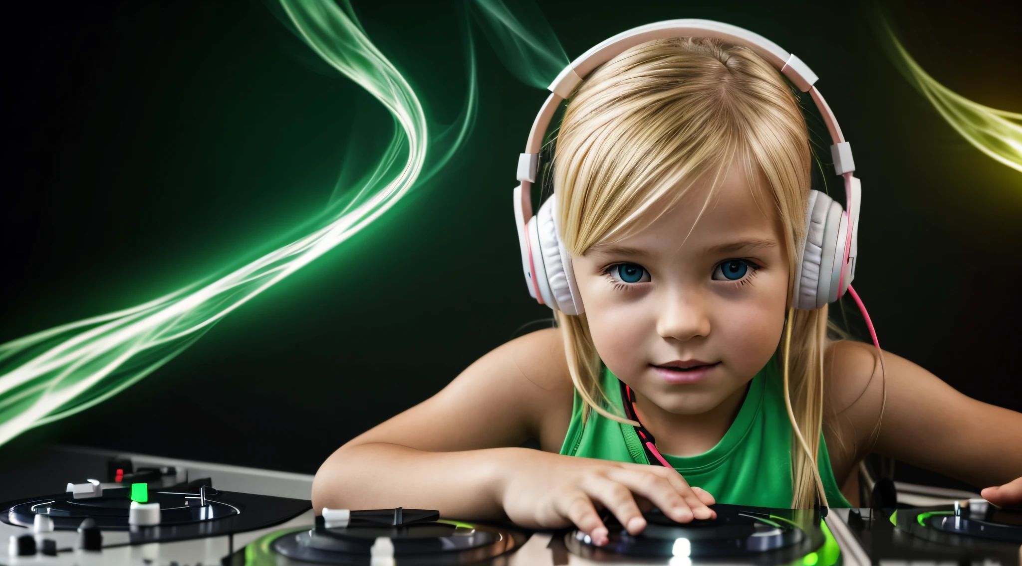 Image of a CHILD BLONDE girl with headphones playing music, Atom and Evil, DJ, fire and GREEN FIRE , FLAMME, BURN , FOGO, GREEN, VERDE.