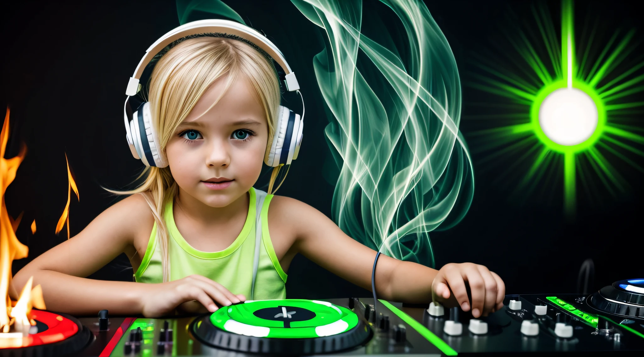 Image of a CHILD BLONDE girl with headphones playing music, Atom and Evil, DJ, fire and GREEN FIRE , FLAMME, BURN , FOGO, GREEN, VERDE.