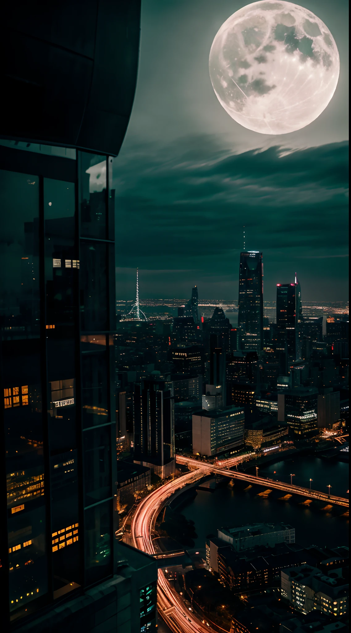 A futuristic metropolis shimmering with chrome and steel, bathed in eerie moonlight that casts long, haunting shadows across the streets below.