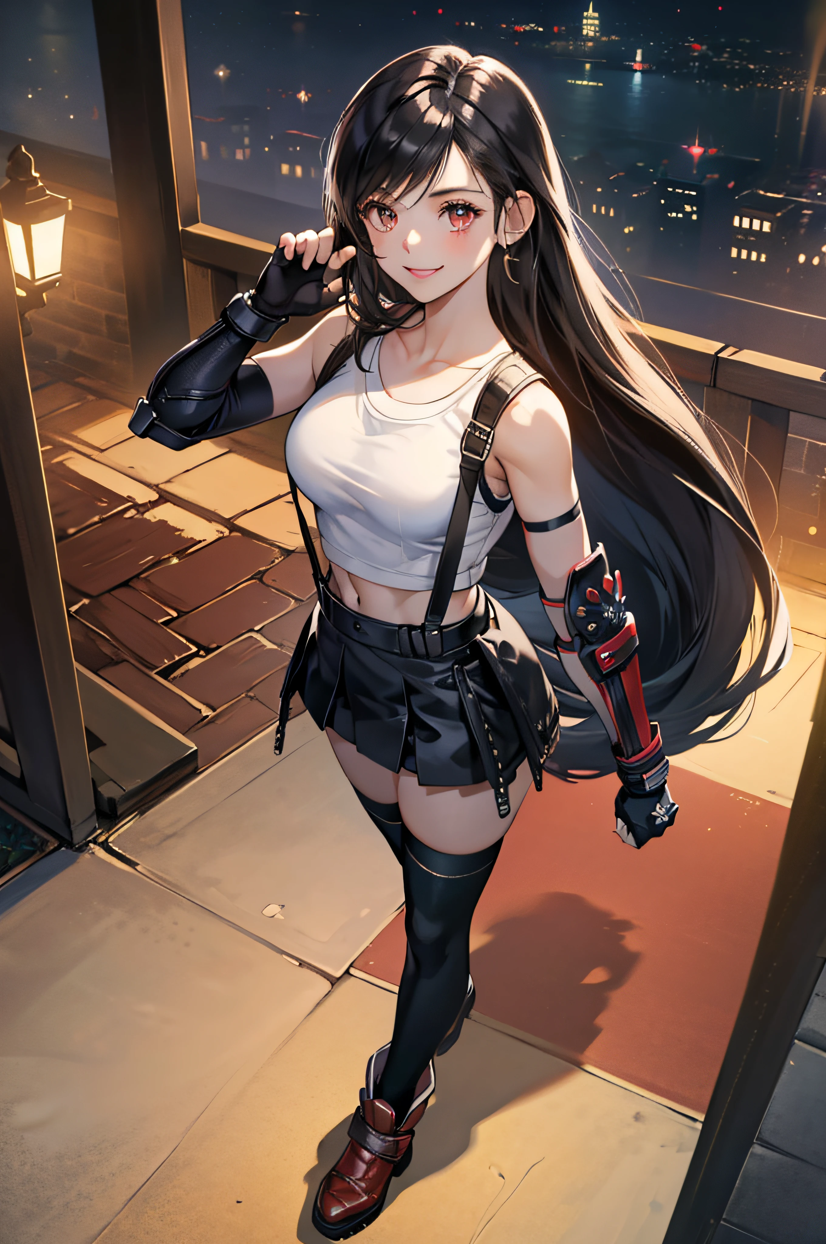 (masterpiece), best quality, expressive eyes, perfect face, 1 girl, solo, 7rtifa, white crop top, arm guards, fingerless gloves, suspenders, pleated miniskirt, black thighhighs, red boots, city, metallic city, night, smiling, posing, standing, full body, portrait, looking at the viewer, from above
