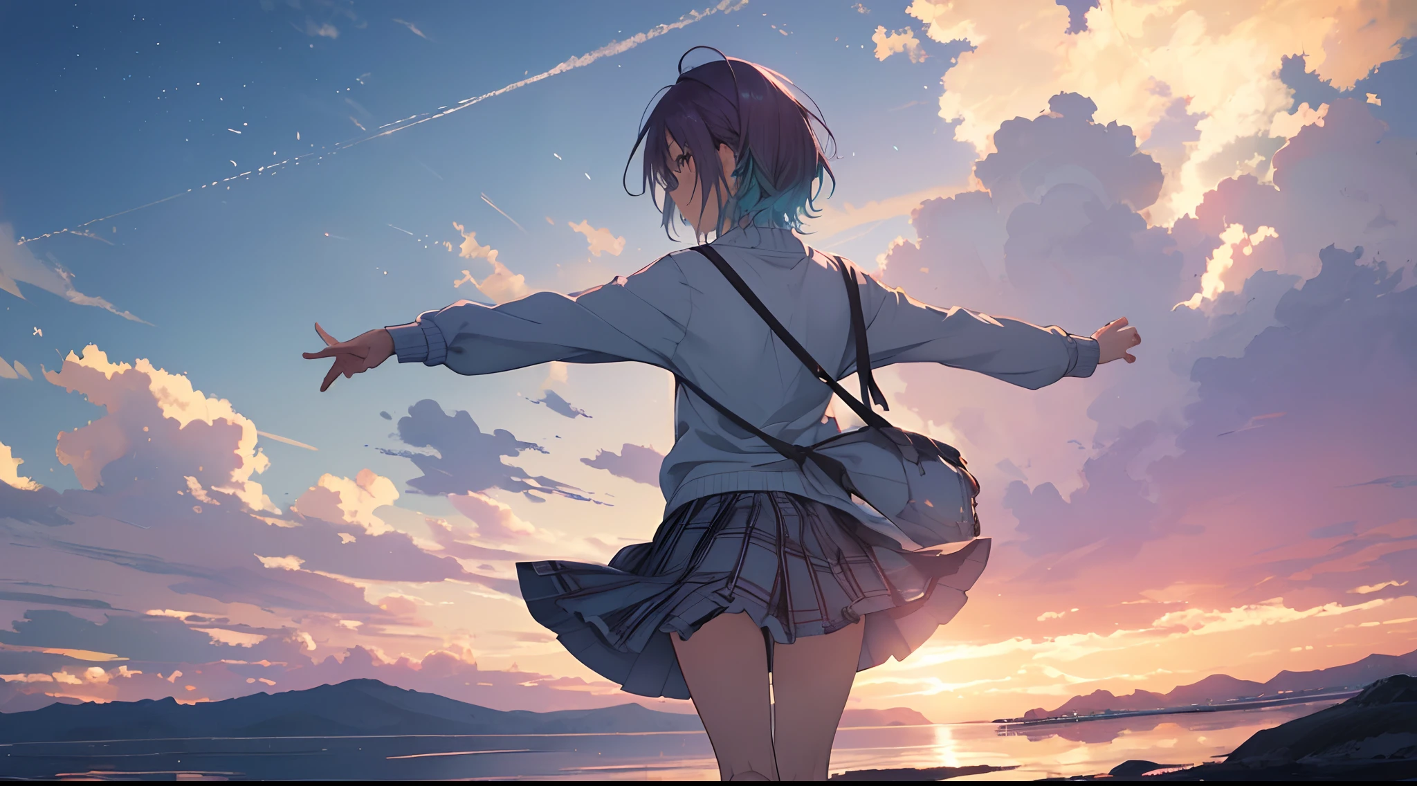 (((very wide shot))), (((spread arms))), ((Very detailed face,perfect face)),(beautiful face: 1.1), (((Perfect hands,Perfect Anatomy))),sexy body,NSFW, <The skin、The hair、qulity> Transparency, Brilliant skin, shiny hair, <qulity> Top quality, 4kqulity, HDR, UHD, 8K,(Vivid colors: 1.2), high resolution, super detail, super sharp, super high resolution, Cinematic writing, , (excellent_quality: 1.0), ((Toru Asakura、blue hairs、耳环、gradation hair、multi color hair、Parted bangs、Purple hair、Short_hair, bare-legged, Loose tie、Cardigans、Plaid、plaid skirts、pleatedskirt、student clothes、skirt by the、Rolled up sleeves、wristbands )), (((Short_hair))), <line of sight、expressioness、Pause Prompts> sparkling pupils, ((back view)), Bewitching, Shining eyes, standing , raise one leg, ((masterpiece)), top-quality, Anime Art Wallpapers 8 K, (( walking on water)),, ripples, Dawn background, Saturn in the background, illustratio, concept-art, animesque, key visual, Trending pixiv Fanbox by WLOP, Greg Rutkowski, Makoto Shinkai, Mamoru Hosada, and Studio Ghibli, Scenery of Salar de Uyuni, ((shoot from behind, full body)),Footboard beauty、floatingfloating hair, outdoors, wind, (((bare-legged)))、Beautiful waterside、The calm surface of the water reflects the sky,