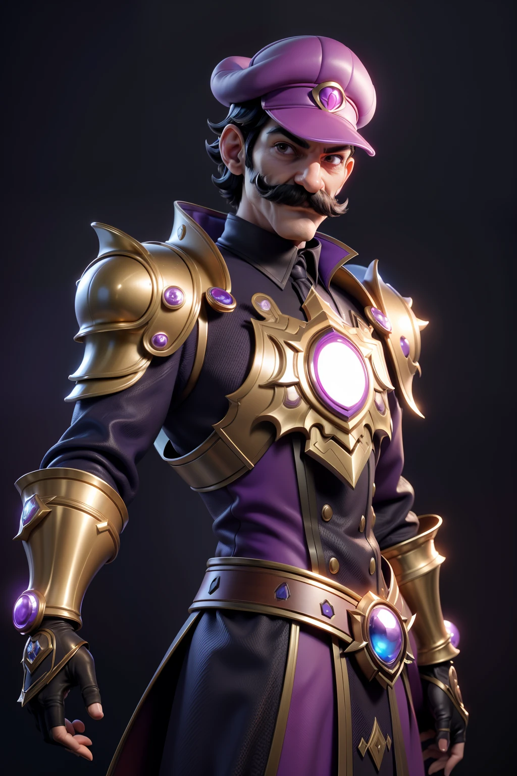 3dmm style,(masterpiece, top quality, best quality, official art, beautiful and aesthetic:1.2), (fractal art:1.3), 1man, , high detailed, Waluigi, Waluigi hat, mustache, tall & skinny, dark lighting, serious face, looking the sky, sky, medium shot, black & purple ironman armor, mushroom Kingdom background, jewelry