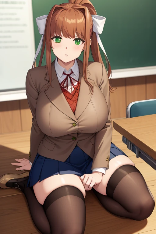 ddlcmonika, ddlcmonika, blunt bangs, brown hair, (Green eyes:1.5), (Huge-breasts:1.4), hairlong, pony tail, band, white ribbon, hair ribbon, side locks, BREAK Black Thighs, Blue skirt, brown jacket, jacket, long sleeves, mary janes, Above Knees, pleated skirt, school uniform, Shoes, upskirt, thick-thighs, zettai ryouiki break looking at the viewer, BREAKTHROUGH in the room, Classroom, BREAK (Masterpiece:1.2), Best Quality, High Resolution, Unity 8k壁纸, (illustartion:0.8), (beautiful detail eyes:1.6), extremely detailed face, perfect lighting, extremely detailed CGI, (perfect arms, perfect anatomy)