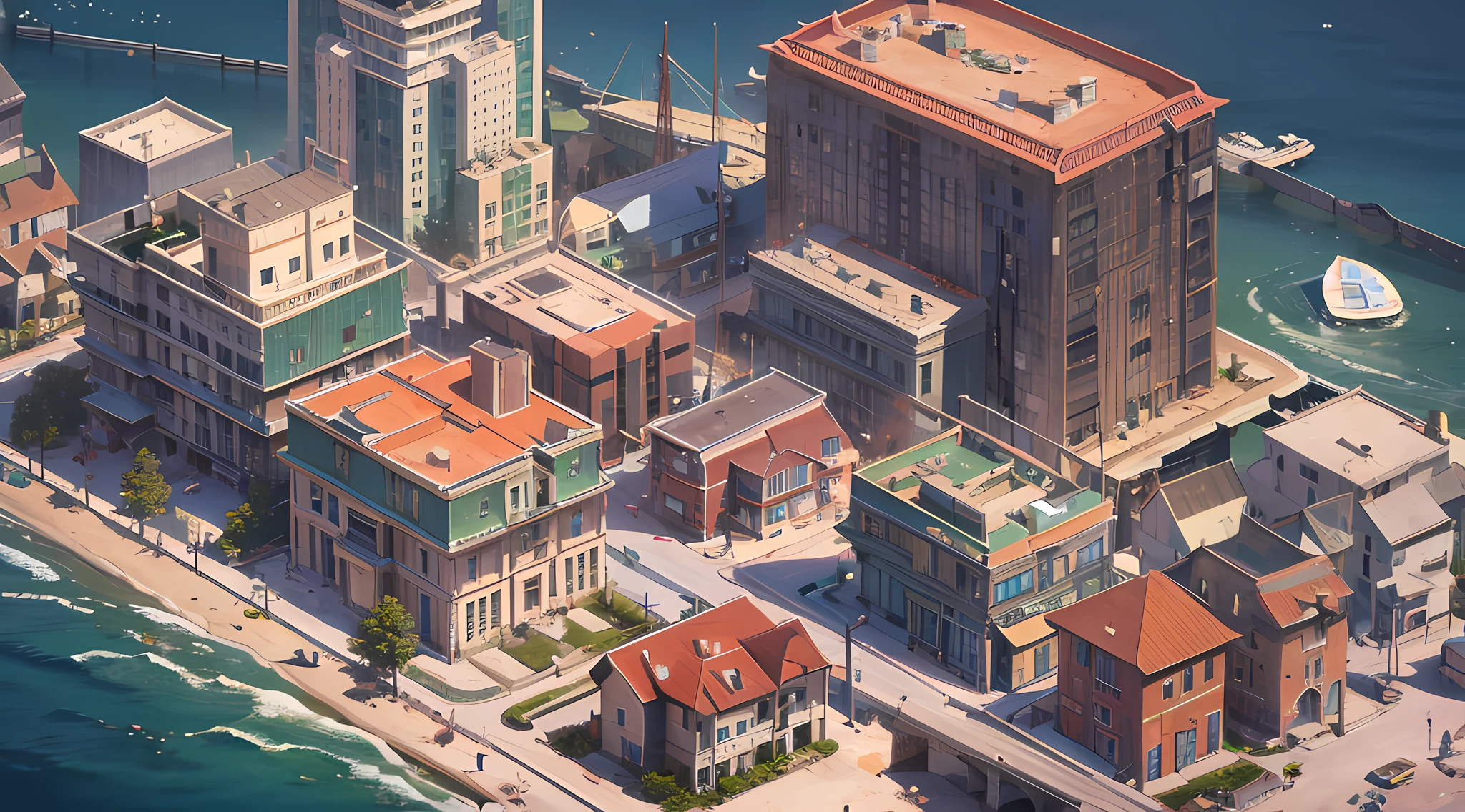 game map, 3rd person view, City map, next sea, ((3D)), VERY DETAILED CITY, WITH APPARTAMENT, WITH BUILDING, WITH HOUSES MASTERPIECE, 4K