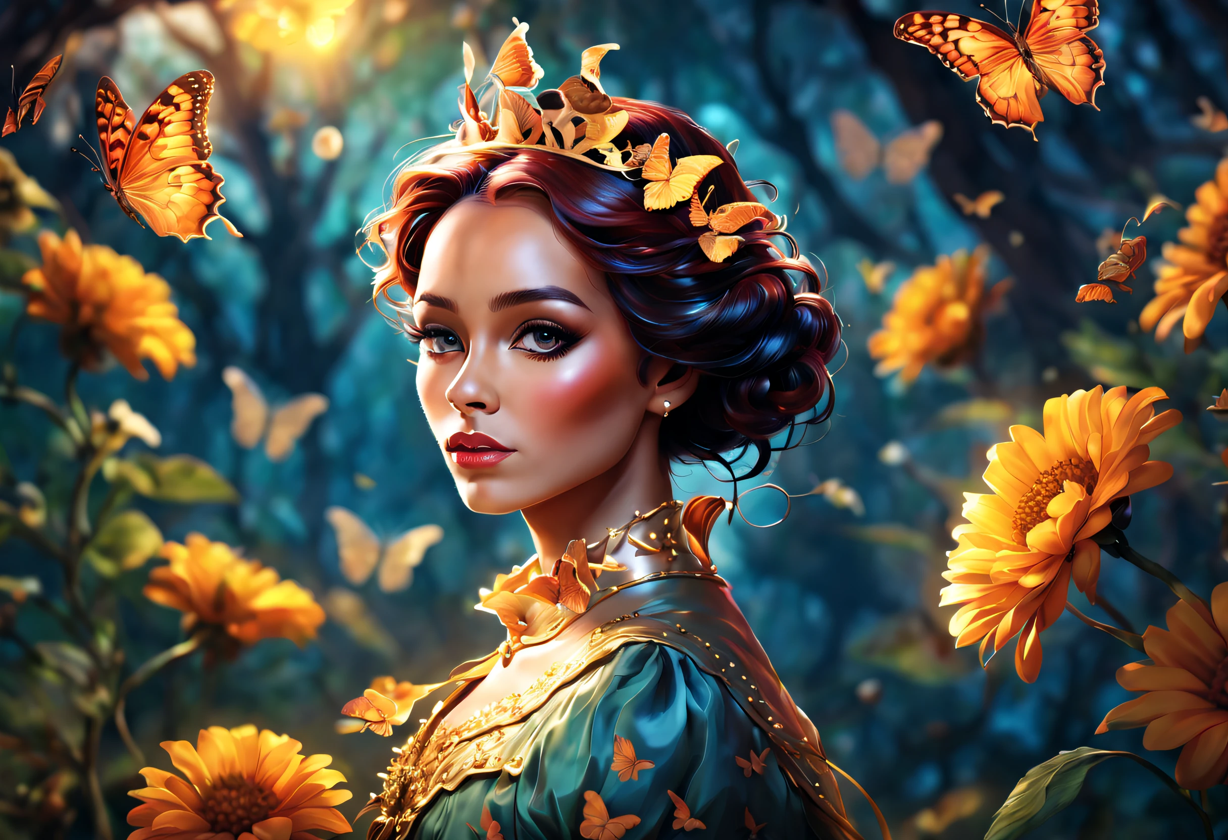 (best quality, 4k, 8k, high resolution, masterpiece: 1.2), (beautiful butterfly queen:1.32) and ultra detailed, long wings, vibrant and colorful, butterflies, majestic patterns, royal, regal, elegant and detailed, delicate, ethereal, iridescent. , shimmering, graceful, enchanting, fluttering, floating, luminous, mythical, fantasy, magical, enchantment, surreal, lush, blooming, vibrant garden, sun kissed, sunlit, soft, dreamy, golden rays of light, flowers bright, radiant and brilliant, harmonious, peaceful, calm, serene, fascinating, captivating.