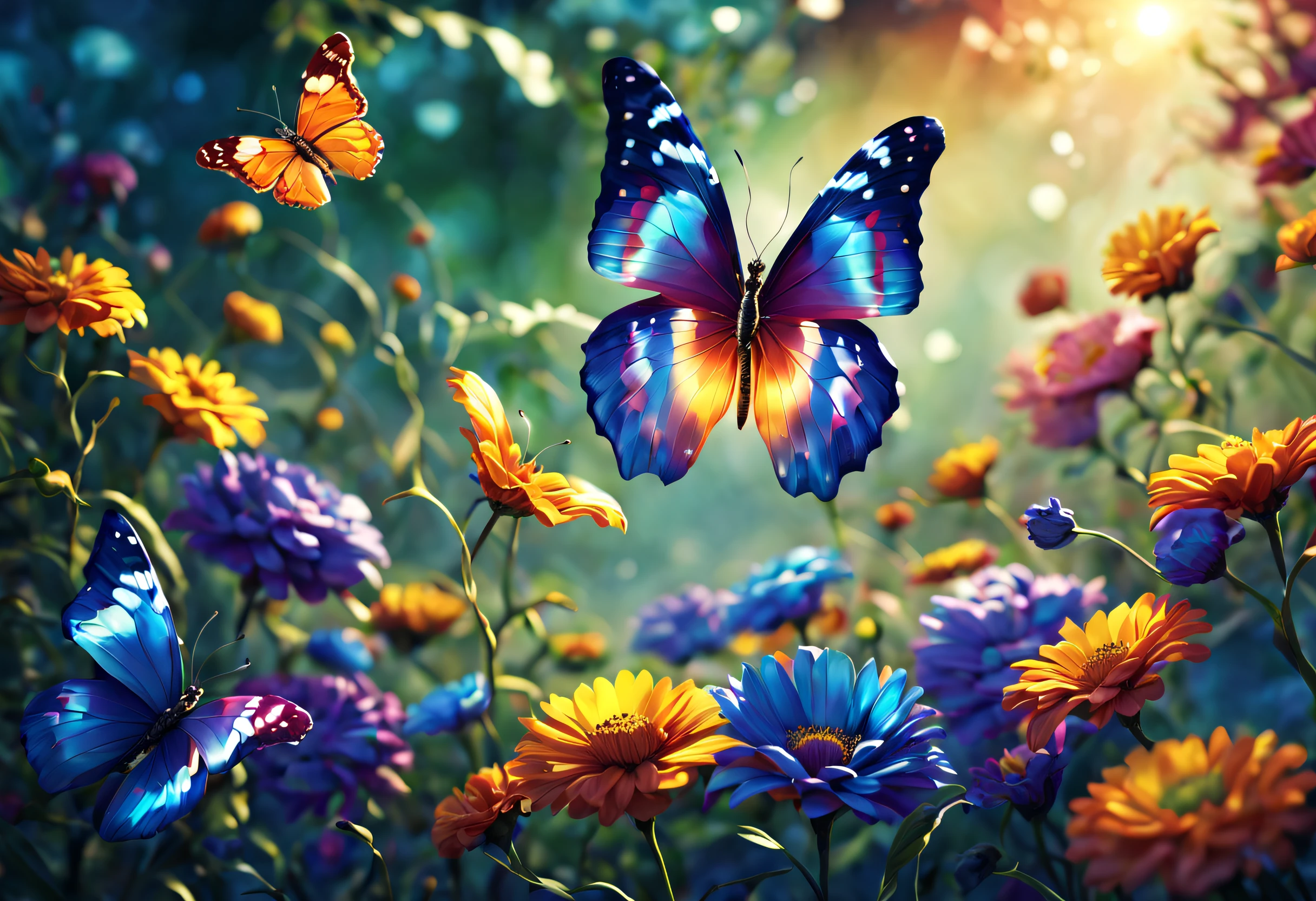 (best quality, 4k, 8k, high resolution, masterpiece: 1.2), (beautiful butterfly queen:1.32) and ultra detailed, long wings, vibrant and colorful, butterflies, majestic patterns, royal, regal, elegant and detailed, delicate, ethereal, iridescent. , shimmering, graceful, enchanting, fluttering, floating, luminous, mythical, fantasy, magical, enchantment, surreal, lush, blooming, vibrant garden, sun kissed, sunlit, soft, dreamy, golden rays of light, flowers bright, radiant and brilliant, harmonious, peaceful, calm, serene, fascinating, captivating.