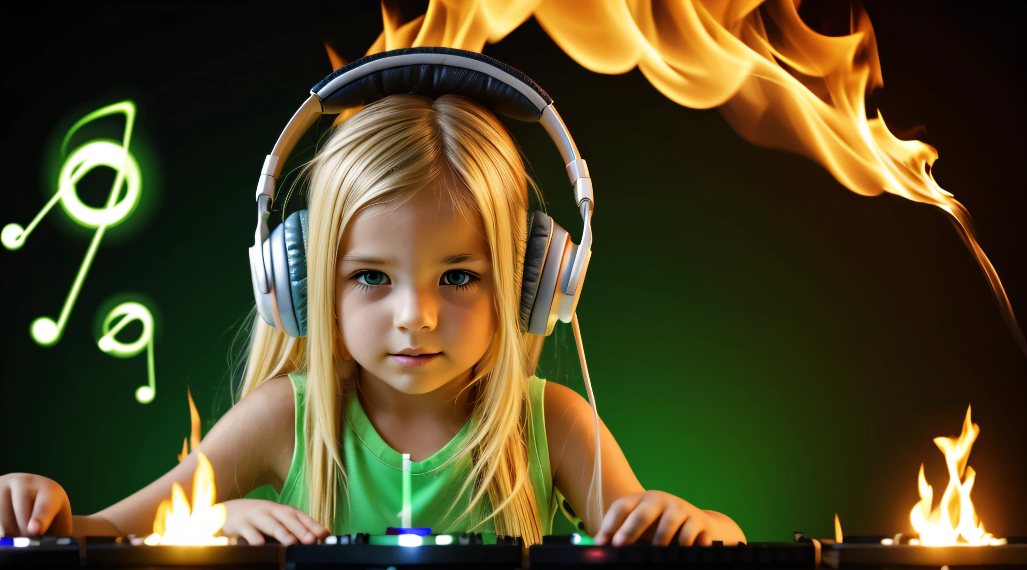 Image of a CHILD BLONDE girl with headphones playing music, Atom and Evil, DJ, fire and GREEN FIRE , FLAMME, BURN , FOGO, GREEN, VERDE.