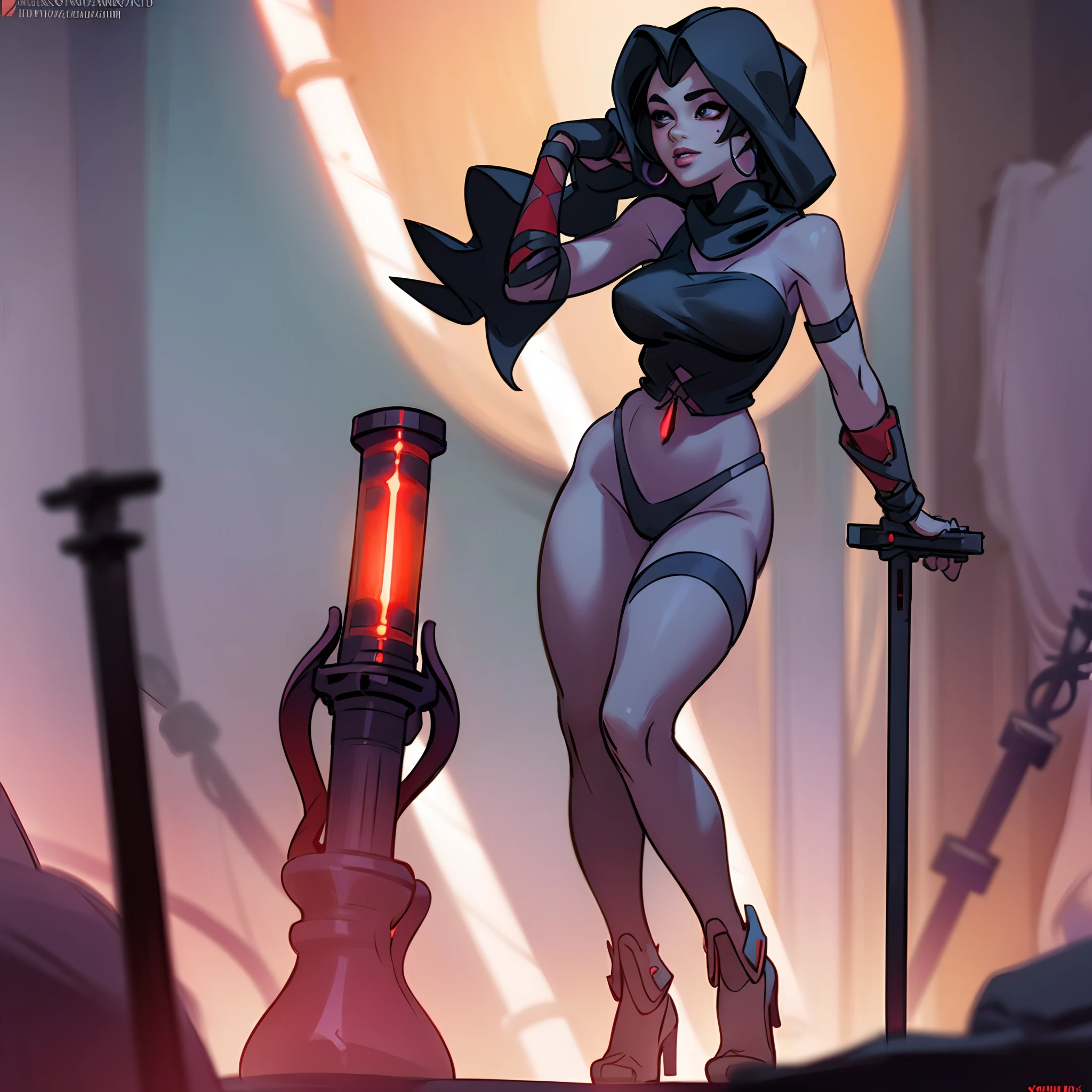 d9rkc00kie, full body female sith with big lips and with a crimson lightsaber wearing black bandages in a dark stone tomb at night, photorealistic photograpy, very dark lit fantasy world scifi, curvaceous