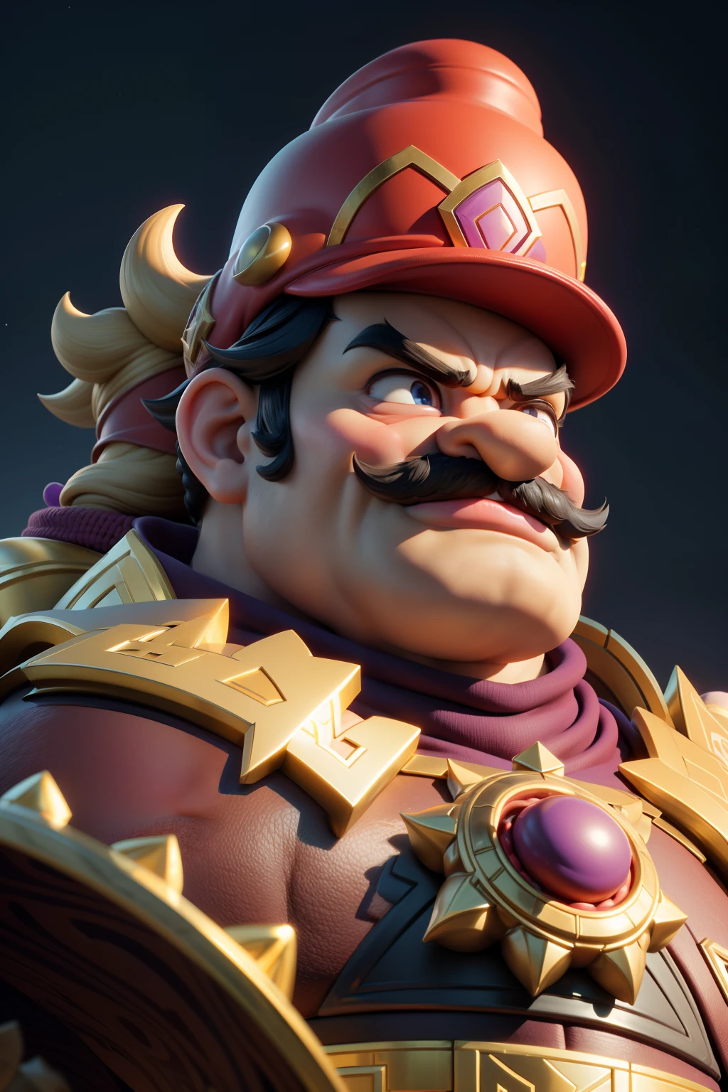 3dmm style,(masterpiece, top quality, best quality, official art, beautiful and aesthetic:1.2), (fractal art:1.3), 1man, , high detailed, Wario, Wario hat, mustache, big & strong, dark lighting, serious face, looking the sky, sky, medium shot, yellow & purple ironman armor, mushroom Kingdom background, jewelry