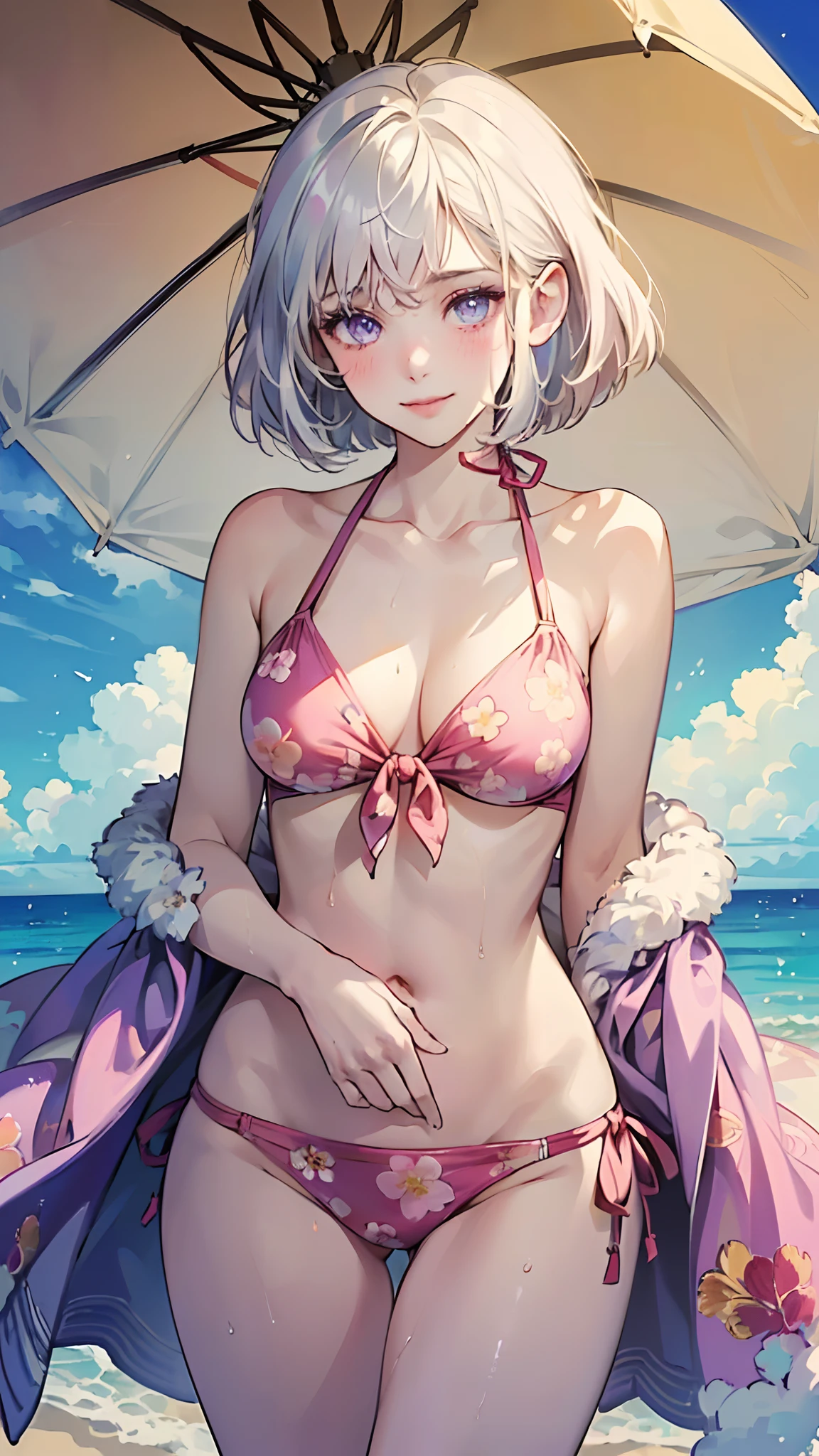 ((((masterpiece, best quality, high resolution)))), (1girl:1.5), white hair, purple eyes, short wavy hair, bob cut, (average breasts :1.2), blush, smile, glow, thighs, bare shoulders, collarbone, narrow waist, (slender body figure), cleavage, (beautiful detailed face, beautiful detailed eyes), ((pink floral side-tie bikini)), beach, under parasol, dripping wet,