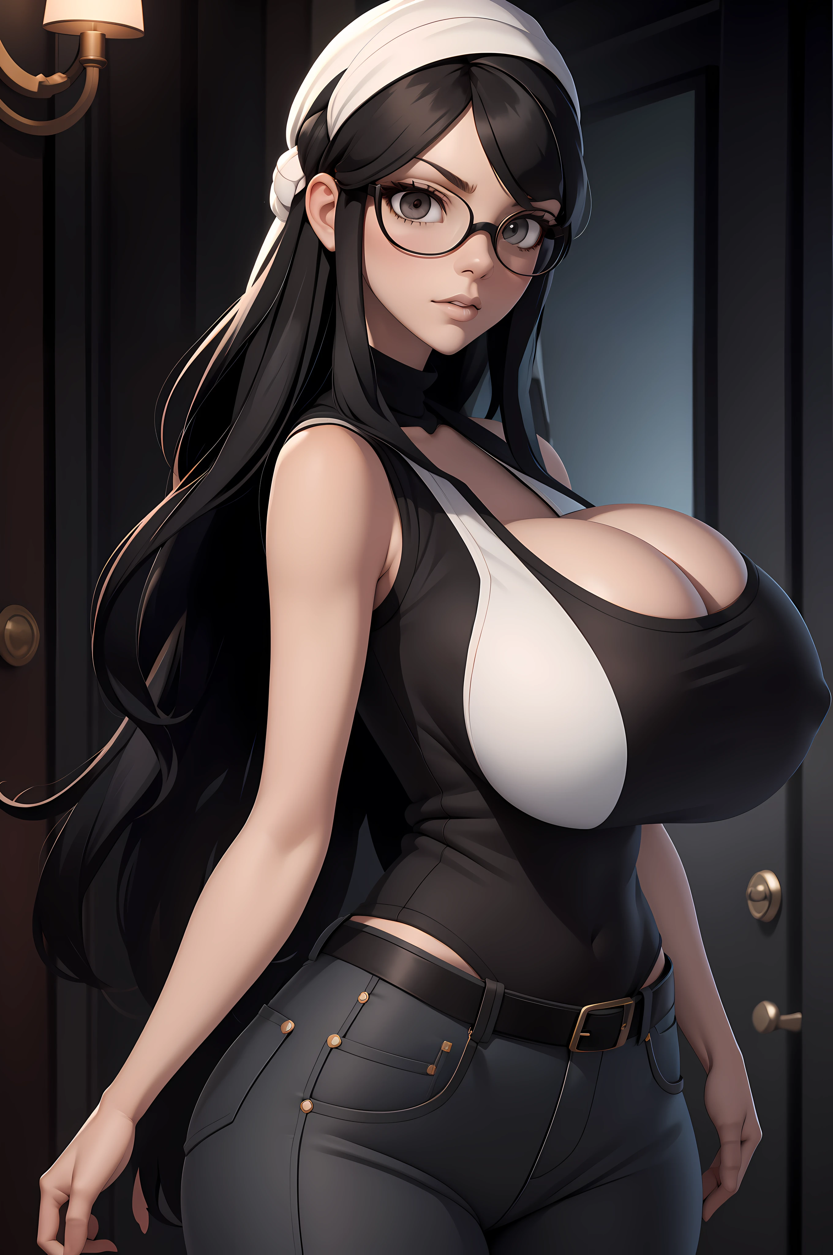 scientific vest, long hair hime cut, black hair, pale sking, black eyes, ,big breast, pants, pullover, tilda
