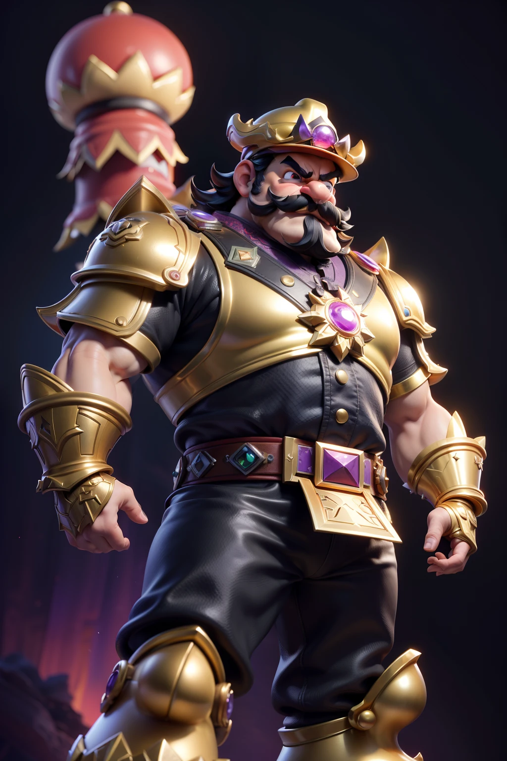 3dmm style,(masterpiece, top quality, best quality, official art, beautiful and aesthetic:1.2), (fractal art:1.3), 1man, , high detailed, Wario, Wario hat, mustache, big & strong, dark lighting, serious face, looking the sky, sky, medium shot, yellow & purple ironman armor, mushroom Kingdom background, jewelry