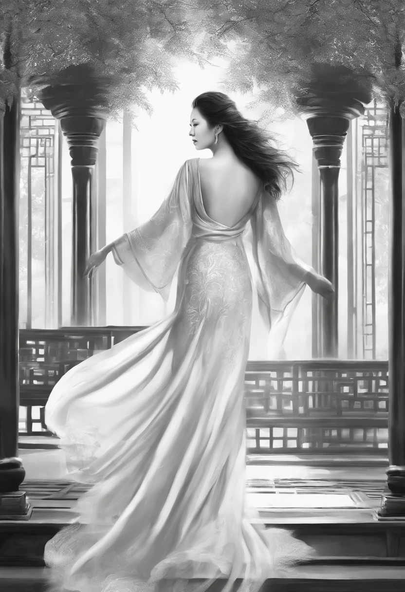 sketching，pencil drawing，Pencil strokes，Fox-eared maiden，Pavilions，Fairy air fluttering，Chinese ancient style，Wide robe，Black and white picture，Black and white art，Black and white illustration，super-fine，Hair is carefully described，The eyes are carefully depicted，best qualtiy，8K分辨率