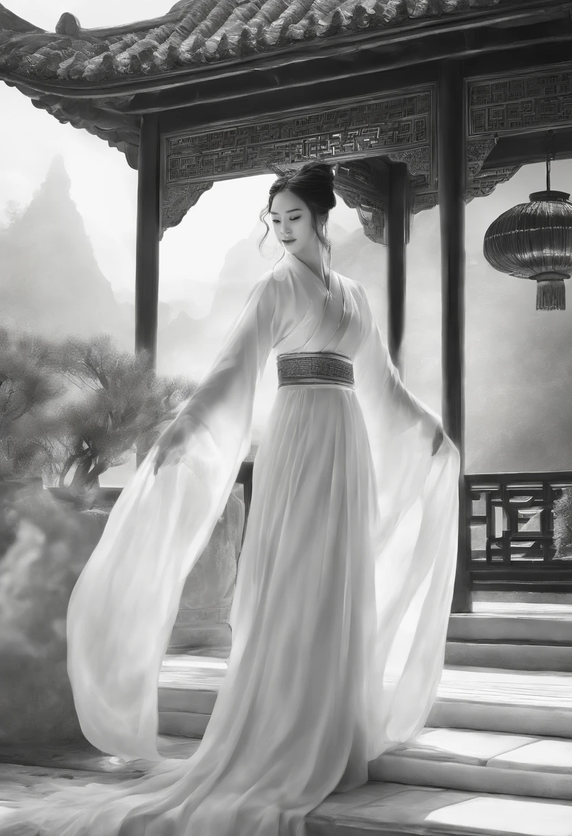 sketching,pencil drawing,Pencil strokes,Fox-eared maiden,Pavilions,Fairy air fluttering,Chinese ancient style,Wide robe,Black and white picture,Black and white art,Black and white illustration,super-fine,Hair is carefully described,The eyes are carefully depicted,best qualtiy,8K分辨率