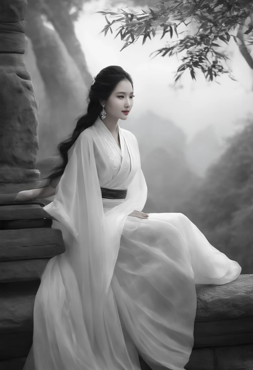 sketching，pencil drawing，Pencil strokes，Fox-eared maiden，Pavilions，Fairy air fluttering，Chinese ancient style，Wide robe，Black and white picture，Black and white art，Black and white illustration，super-fine，Hair is carefully described，The eyes are carefully depicted，best qualtiy，8K分辨率