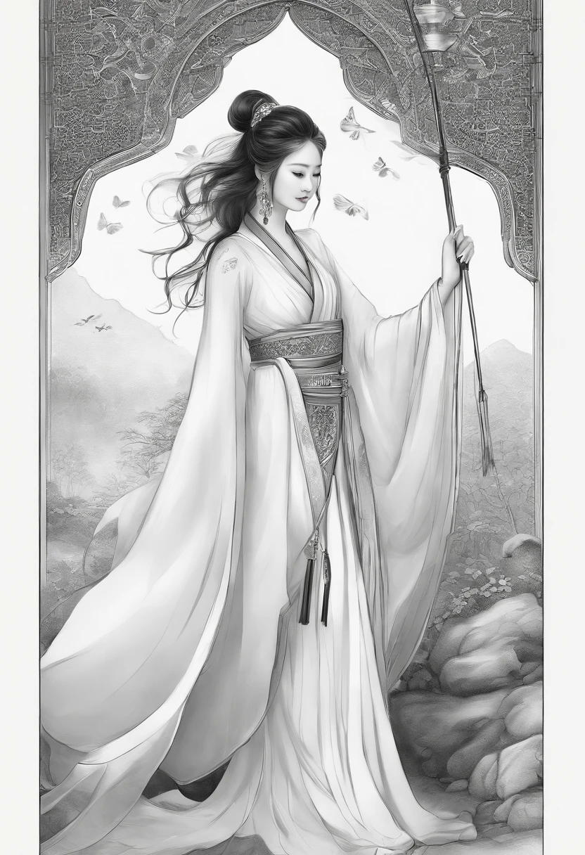 sketching，pencil drawing，Pencil strokes，Fox-eared maiden，Pavilions，Fairy air fluttering，Chinese ancient style，Wide robe，Black and white picture，Black and white art，Black and white illustration，super-fine，Hair is carefully described，The eyes are carefully depicted，best qualtiy，8K分辨率