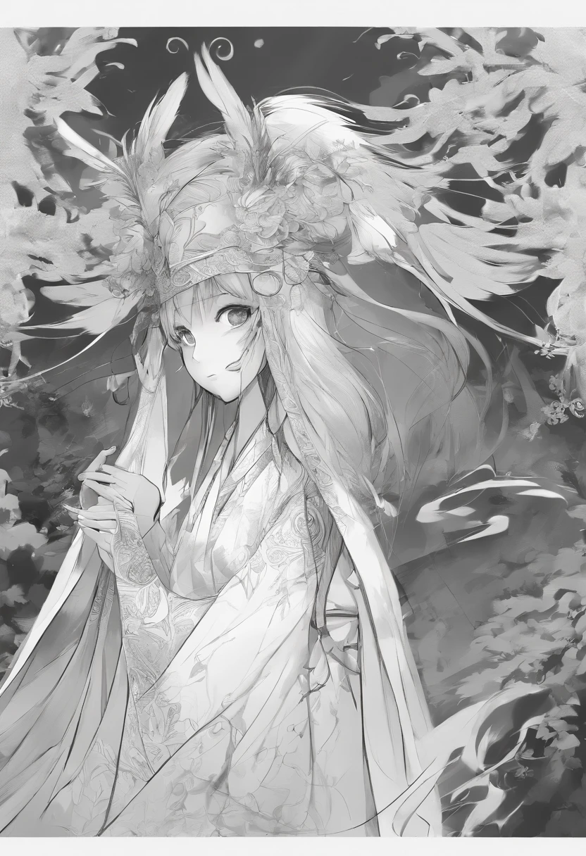 sketching,pencil drawing,Pencil strokes,Fox-eared maiden,Pavilions,Fairy air fluttering,Chinese ancient style,Wide robe,Black and white picture,Black and white art,Black and white illustration,super-fine,Hair is carefully described,The eyes are carefully depicted,best qualtiy,8K分辨率