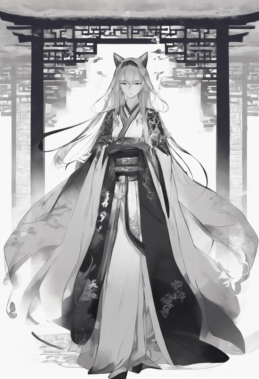 sketching，pencil drawing，Pencil strokes，Fox-eared maiden，Pavilions，Fairy air fluttering，Chinese ancient style，Wide robe，Black and white picture，Black and white art，Black and white illustration，super-fine，Hair is carefully described，The eyes are carefully depicted，best qualtiy，8K分辨率