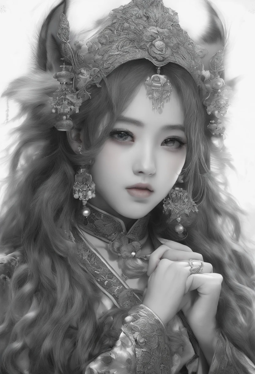 sketching,pencil drawing,Pencil strokes,Fox-eared maiden,Pavilions,Fairy air fluttering,Chinese ancient style,Wide robe,Black and white picture,Black and white art,Black and white illustration,super-fine,Hair is carefully described,The eyes are carefully depicted,best qualtiy,8K分辨率