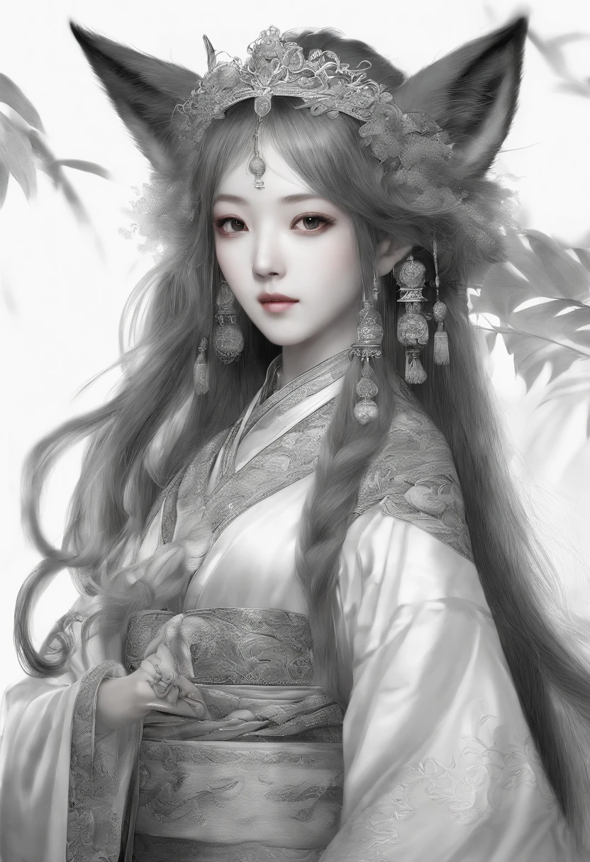 sketching,pencil drawing,Pencil strokes,Fox-eared maiden,Pavilions,Fairy air fluttering,Chinese ancient style,Wide robe,Black and white picture,Black and white art,Black and white illustration,super-fine,Hair is carefully described,The eyes are carefully depicted,best qualtiy,8K分辨率