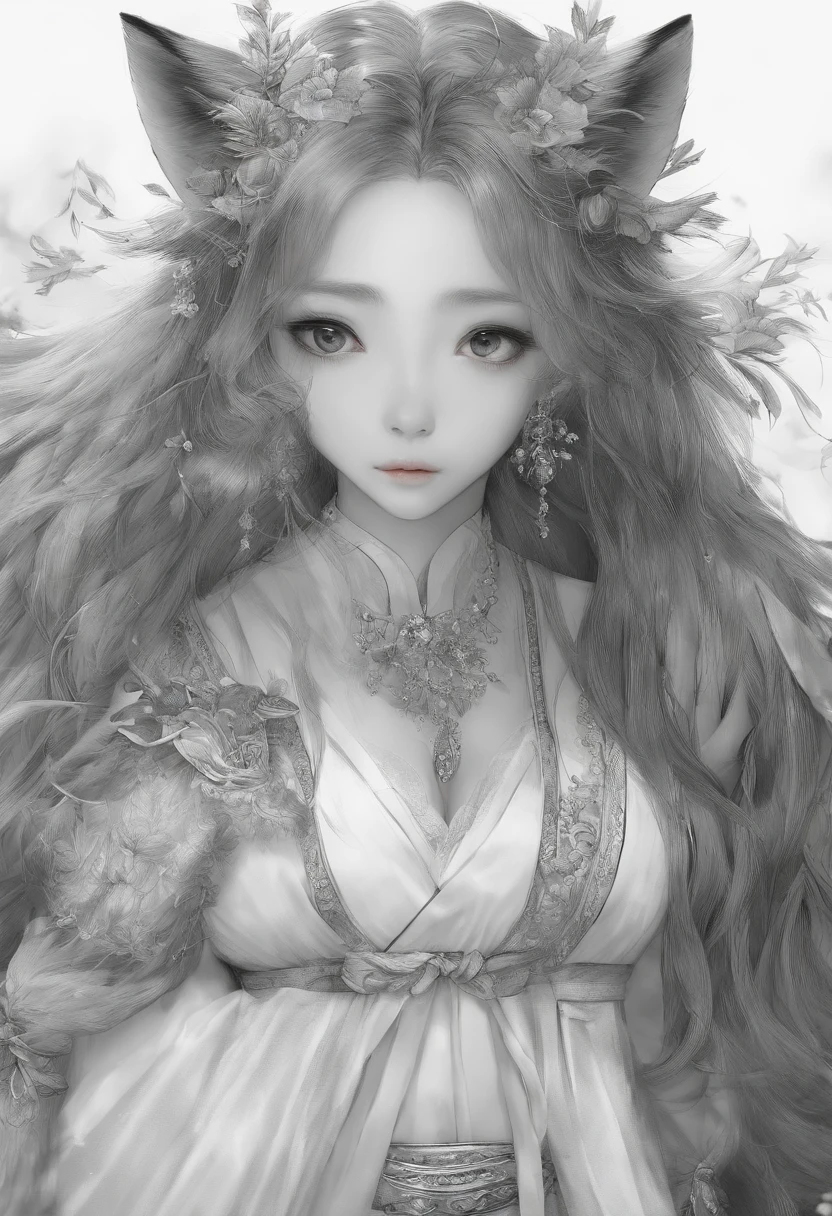 sketching,pencil drawing,Pencil strokes,Fox-eared maiden,Pavilions,Fairy air fluttering,Chinese ancient style,Wide robe,Black and white picture,Black and white art,Black and white illustration,super-fine,Hair is carefully described,The eyes are carefully depicted,best qualtiy,8K分辨率