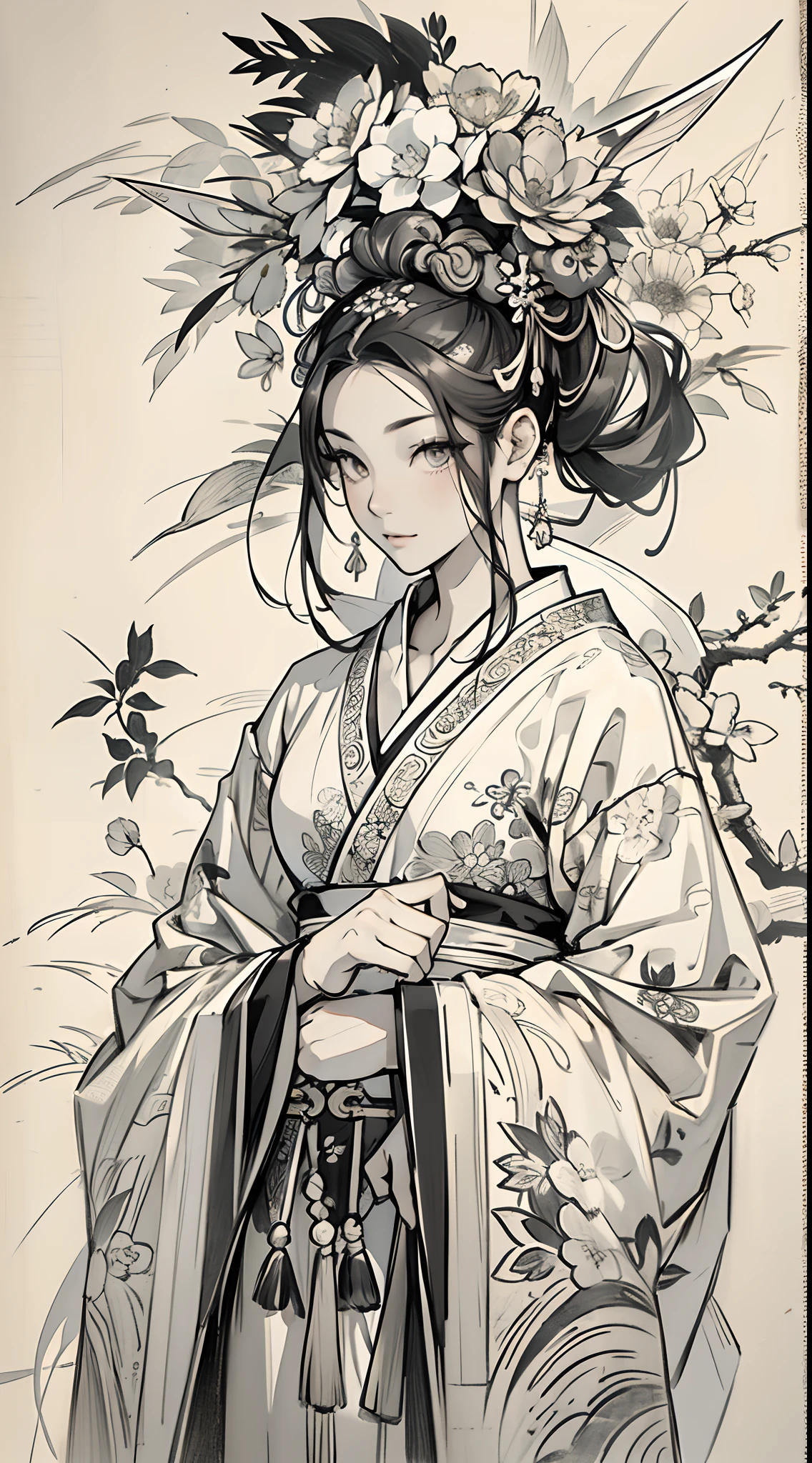 sketching,pencil drawing,National style,Miss Fox Fairy,There are small broken flowers on the head,Chinese ancient style,Wide robe,Black and white picture,super-fine,Hair is carefully described,The eyes are carefully depicted,best qualtiy,8K分辨率
